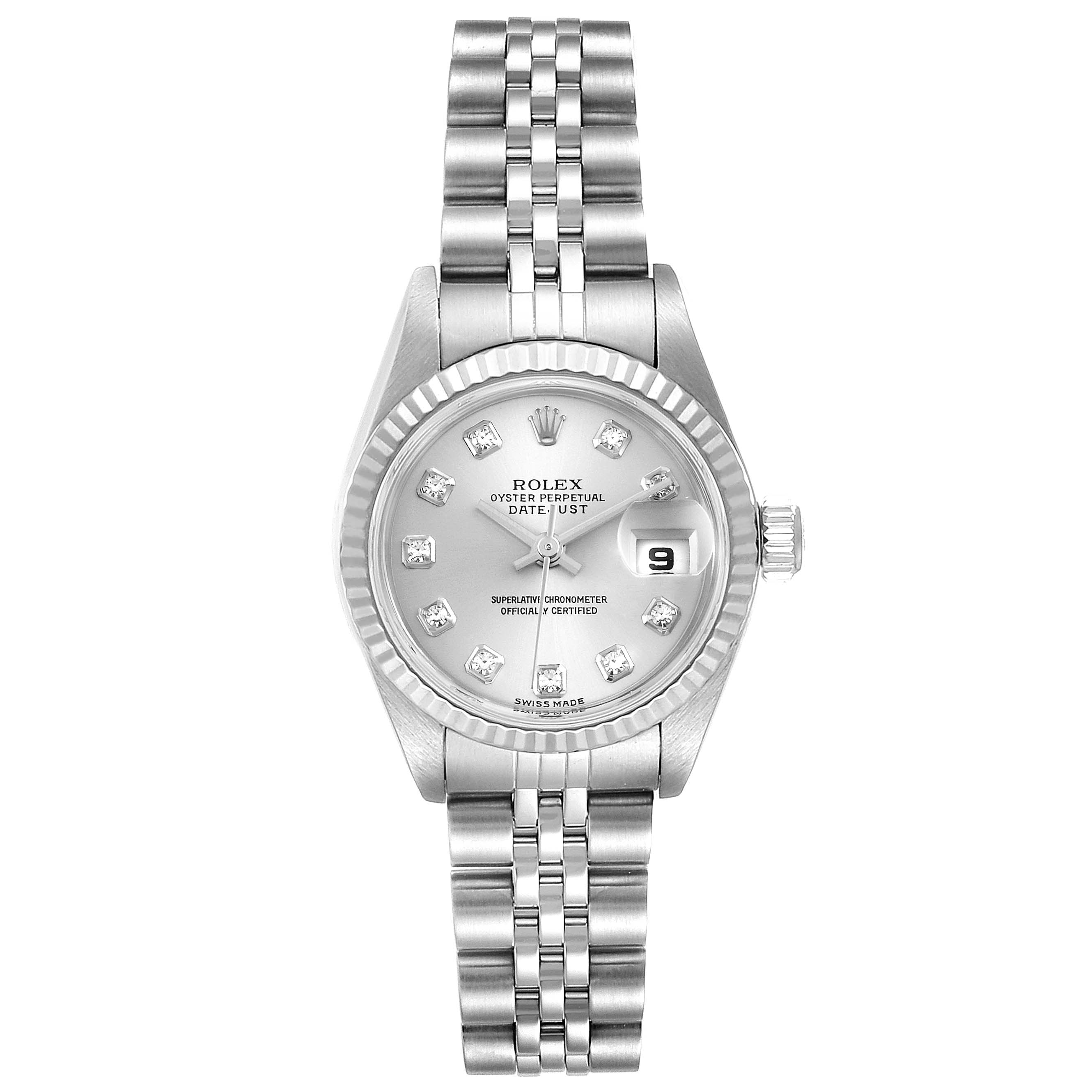 The image shows a front view of the Rolex Datejust 79174 Women's Stainless Steel Silver Dial 79174 Women's Stainless Steel Silver Dial watch, displaying the dial, bezel, and bracelet.