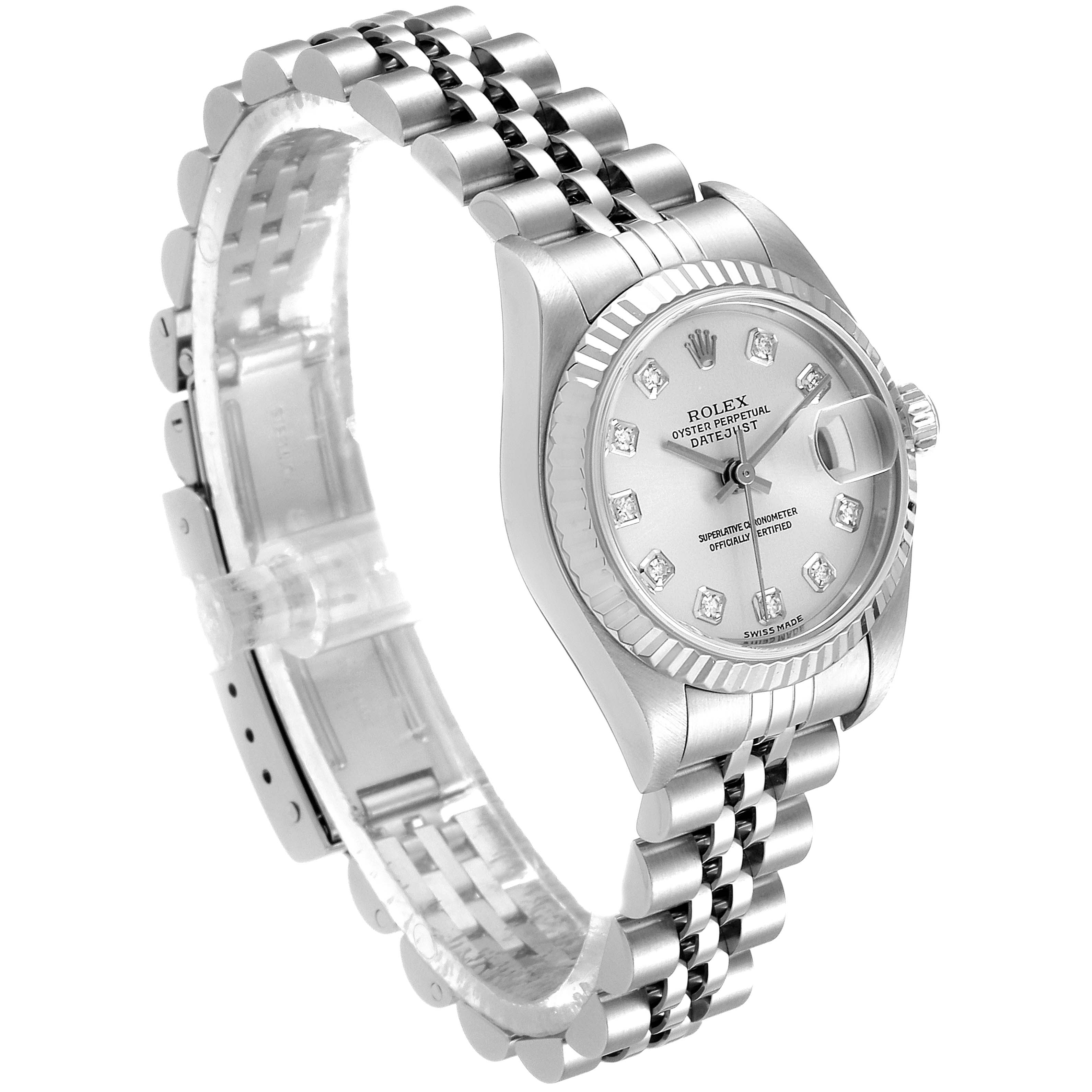 The image shows a side view of a Rolex Datejust 79174 Women's Stainless Steel Silver Dial 79174 Women's Stainless Steel Silver Dial watch, highlighting the face, bezel, and Jubilee bracelet.
