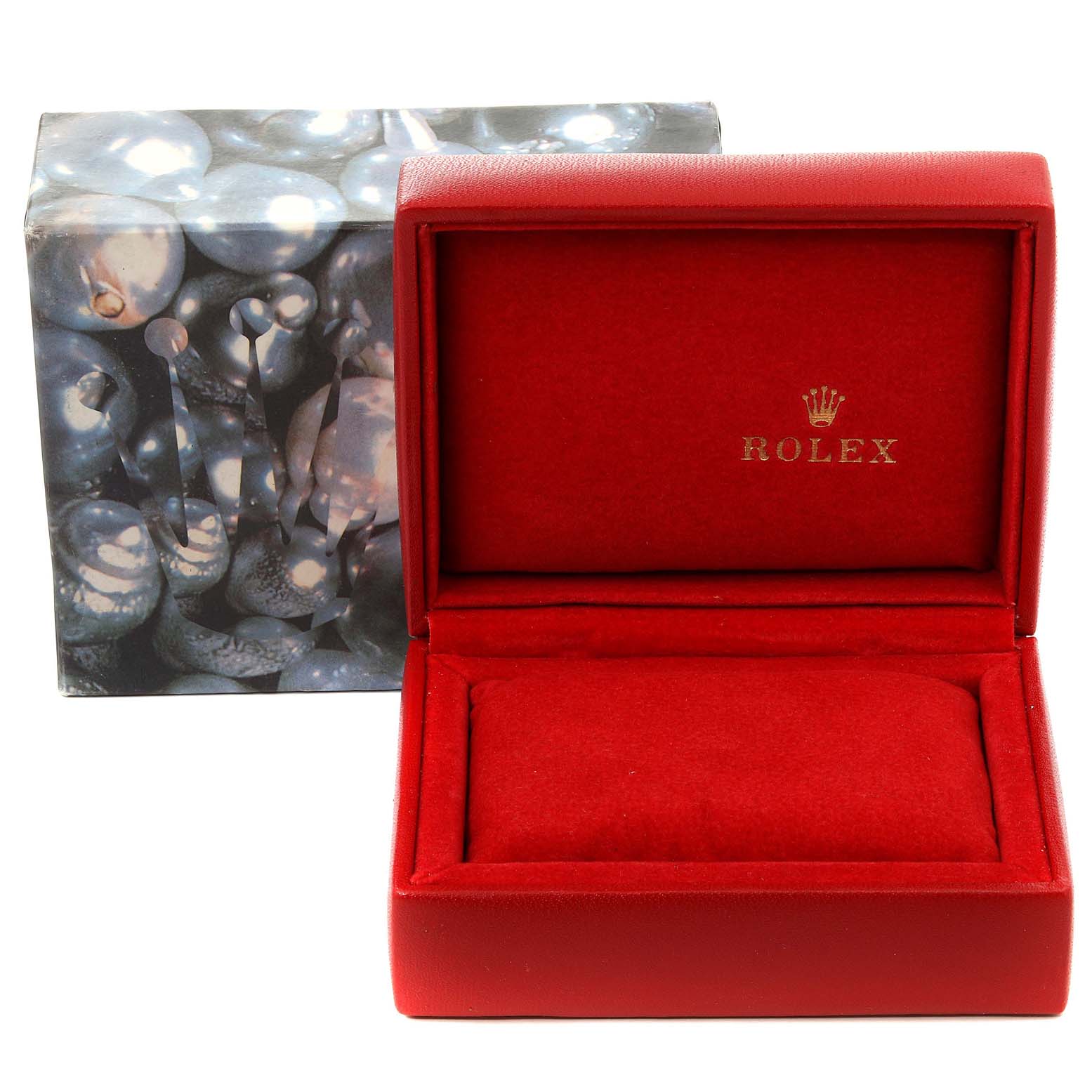 The image shows a red watch box with a pillow cushion and an outer box for a Rolex Datejust 79174 Women's Stainless Steel Silver Dial 79174 Women's Stainless Steel Silver Dial model.