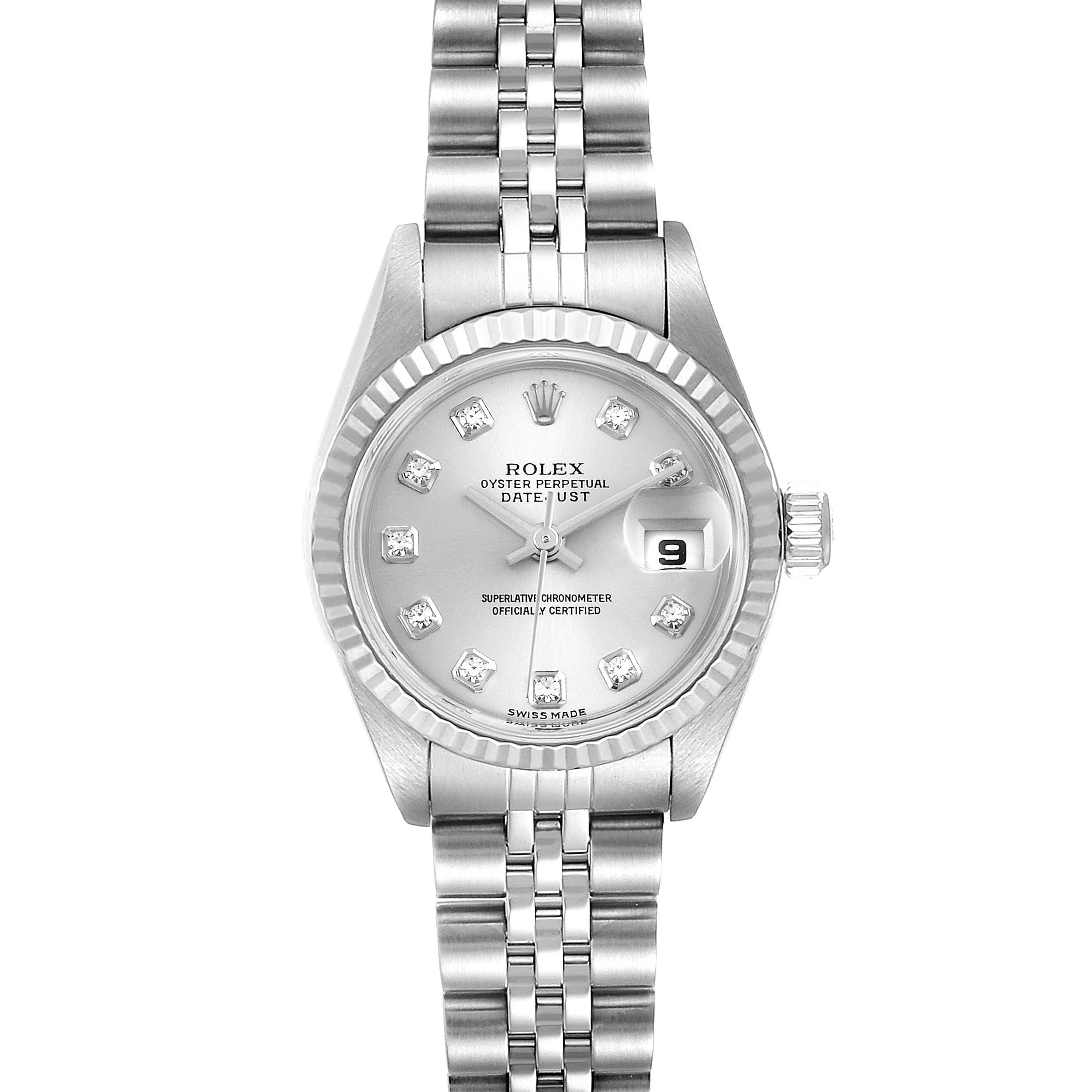 The image shows a top-down view of a Rolex Datejust 79174 Women's Stainless Steel Silver Dial 79174 Women's Stainless Steel Silver Dial watch, displaying its dial, bracelet, and date window.