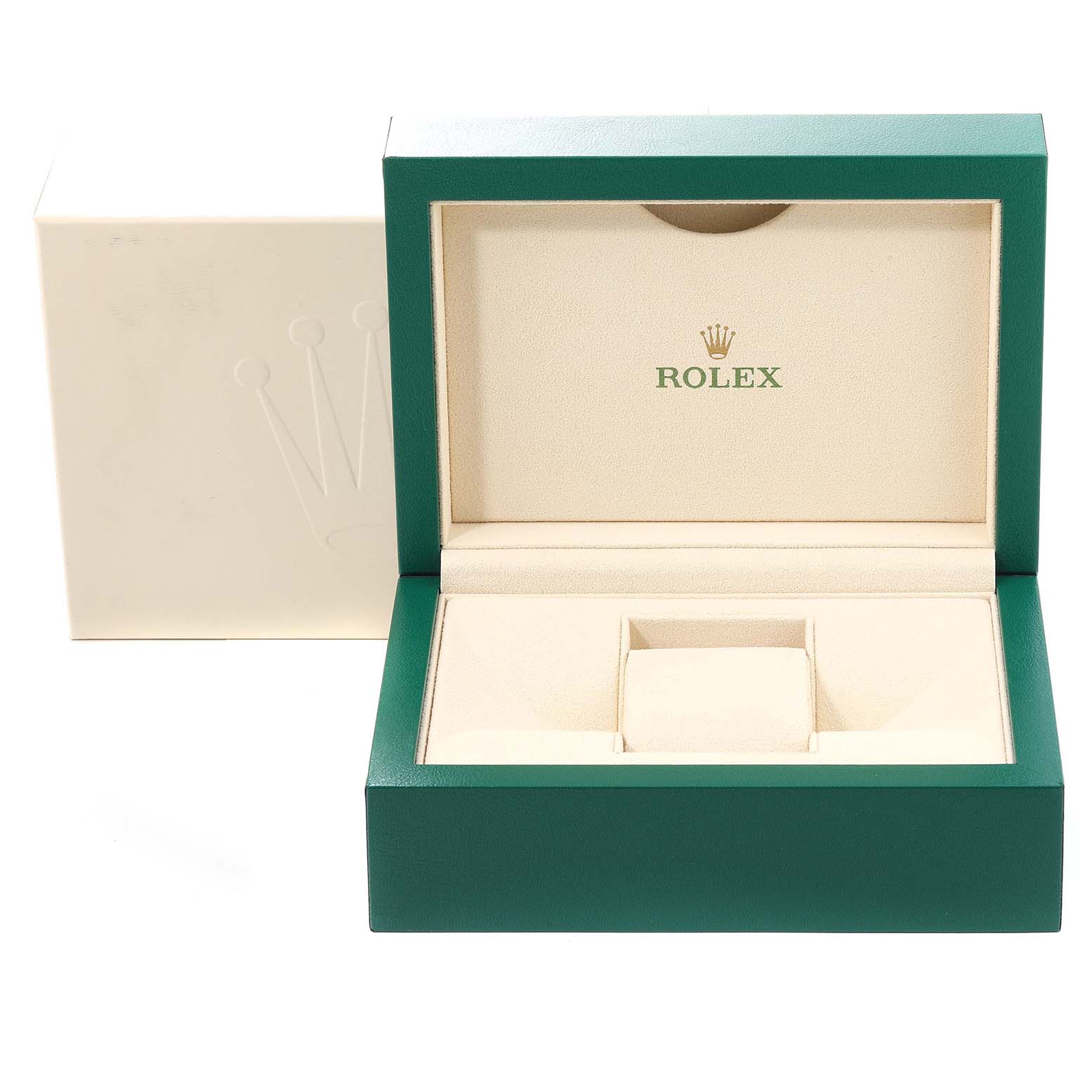 This image shows an open green and beige Rolex watch box for the Datejust model.