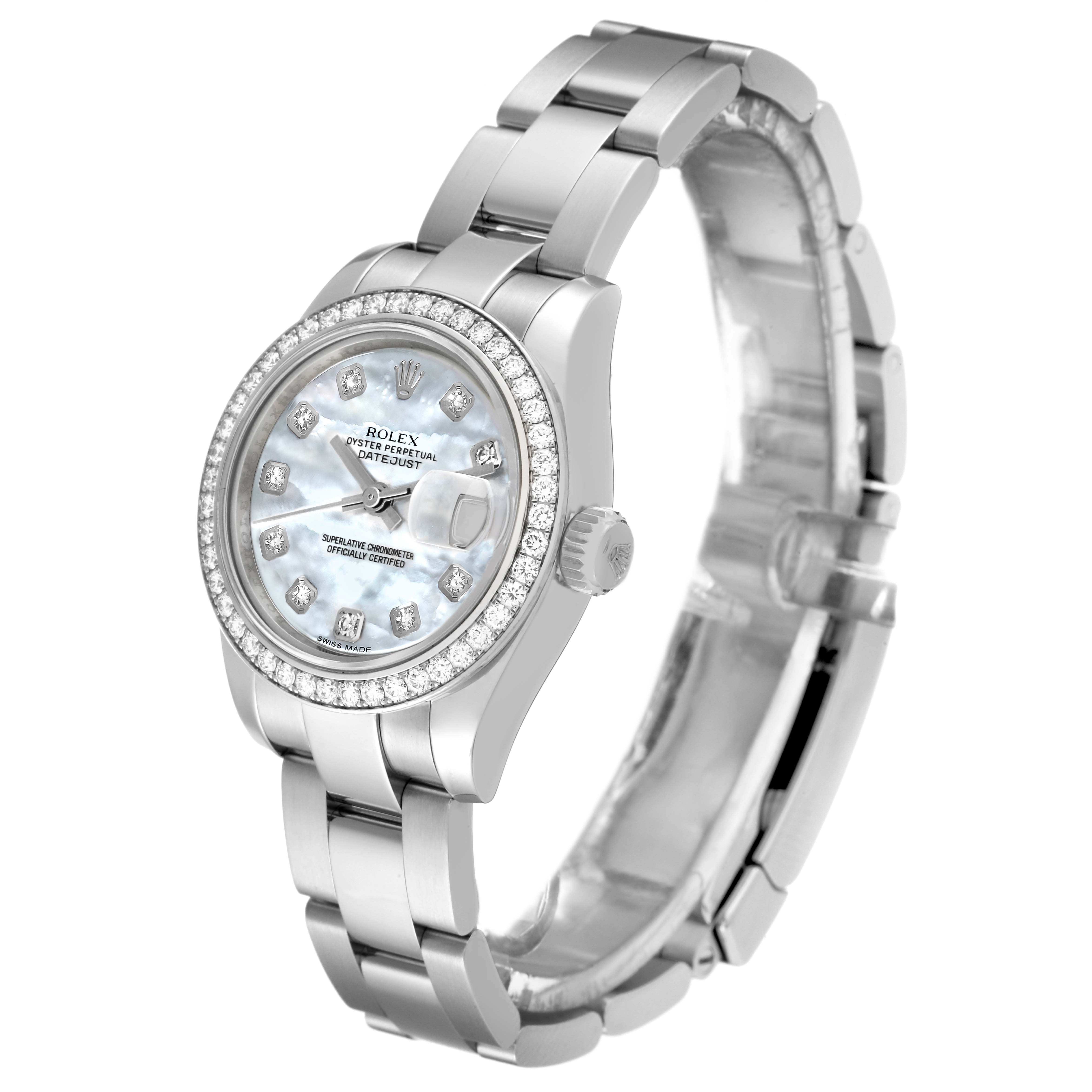 The image shows a Rolex Datejust 179384 Women's Stainless Steel Mother of Pearl Dial 179384 Women's Stainless Steel Mother of Pearl Dial watch at a three-quarter angle displaying its face, bezel, bracelet, and crown.