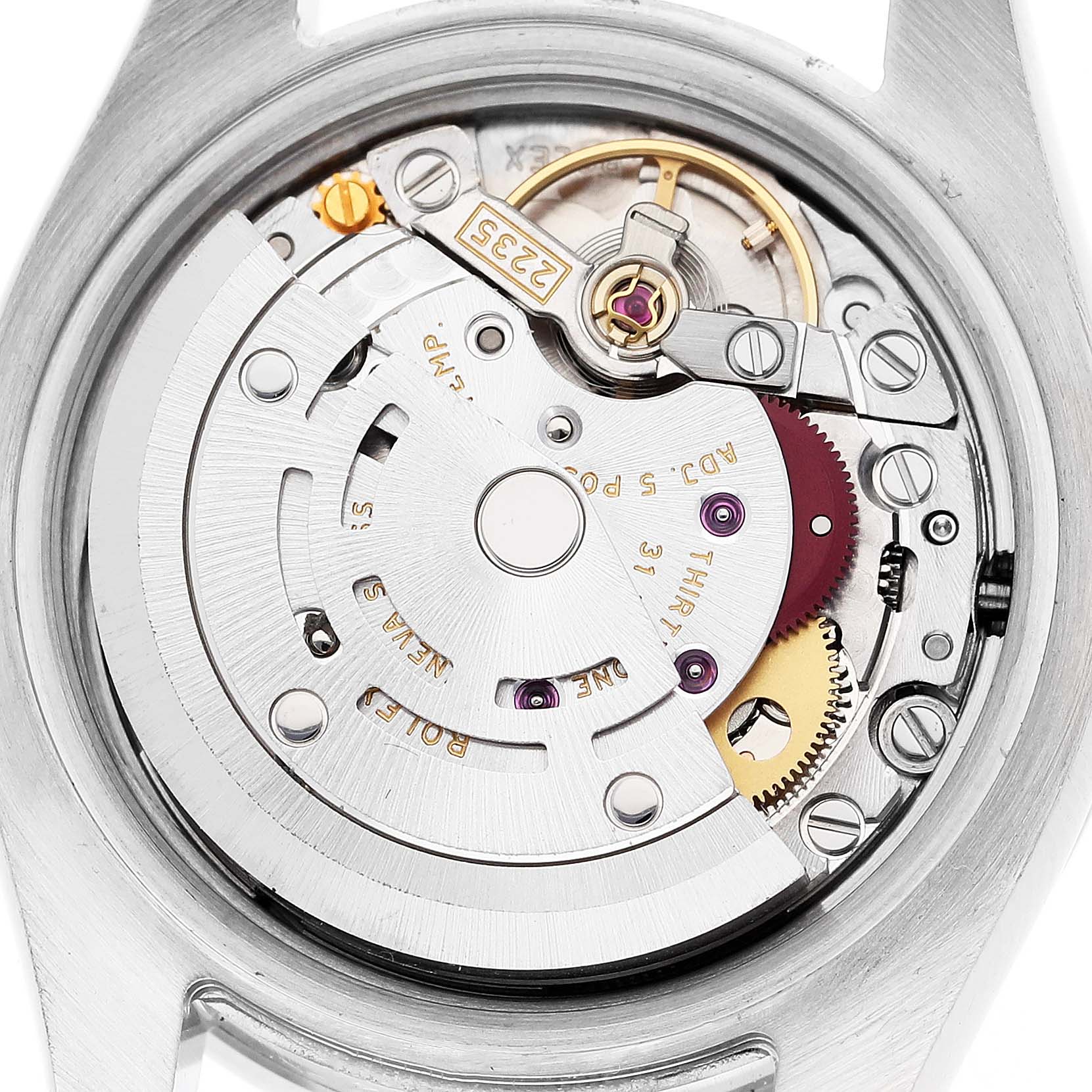 This image shows a close-up of the movement mechanism of a Rolex Datejust 179384 Women's Stainless Steel Mother of Pearl Dial 179384 Women's Stainless Steel Mother of Pearl Dial watch.