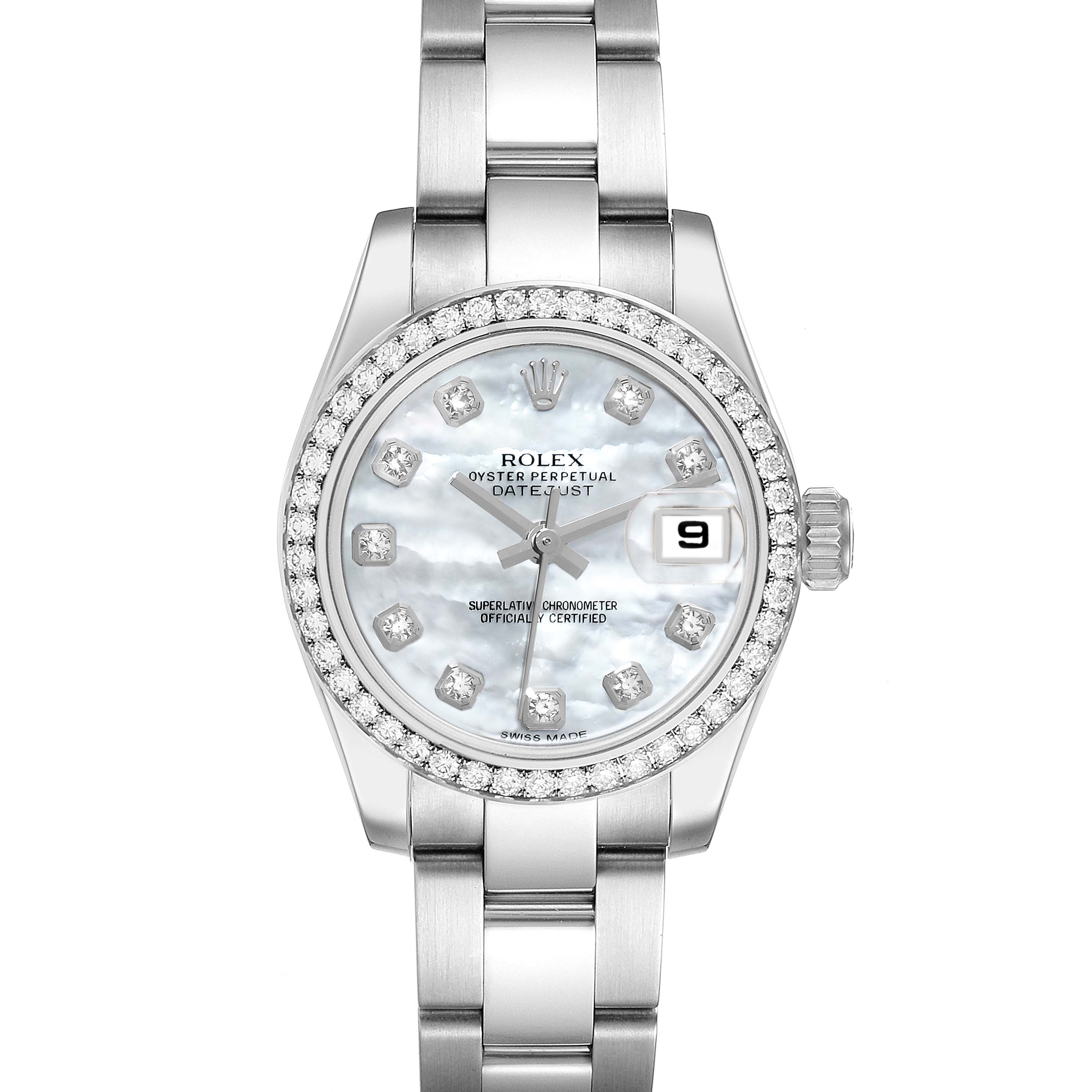 This image shows a frontal view of a Rolex Datejust 179384 Women's Stainless Steel Mother of Pearl Dial 179384 Women's Stainless Steel Mother of Pearl Dial watch, highlighting its dial, bezel, crown, and bracelet.
