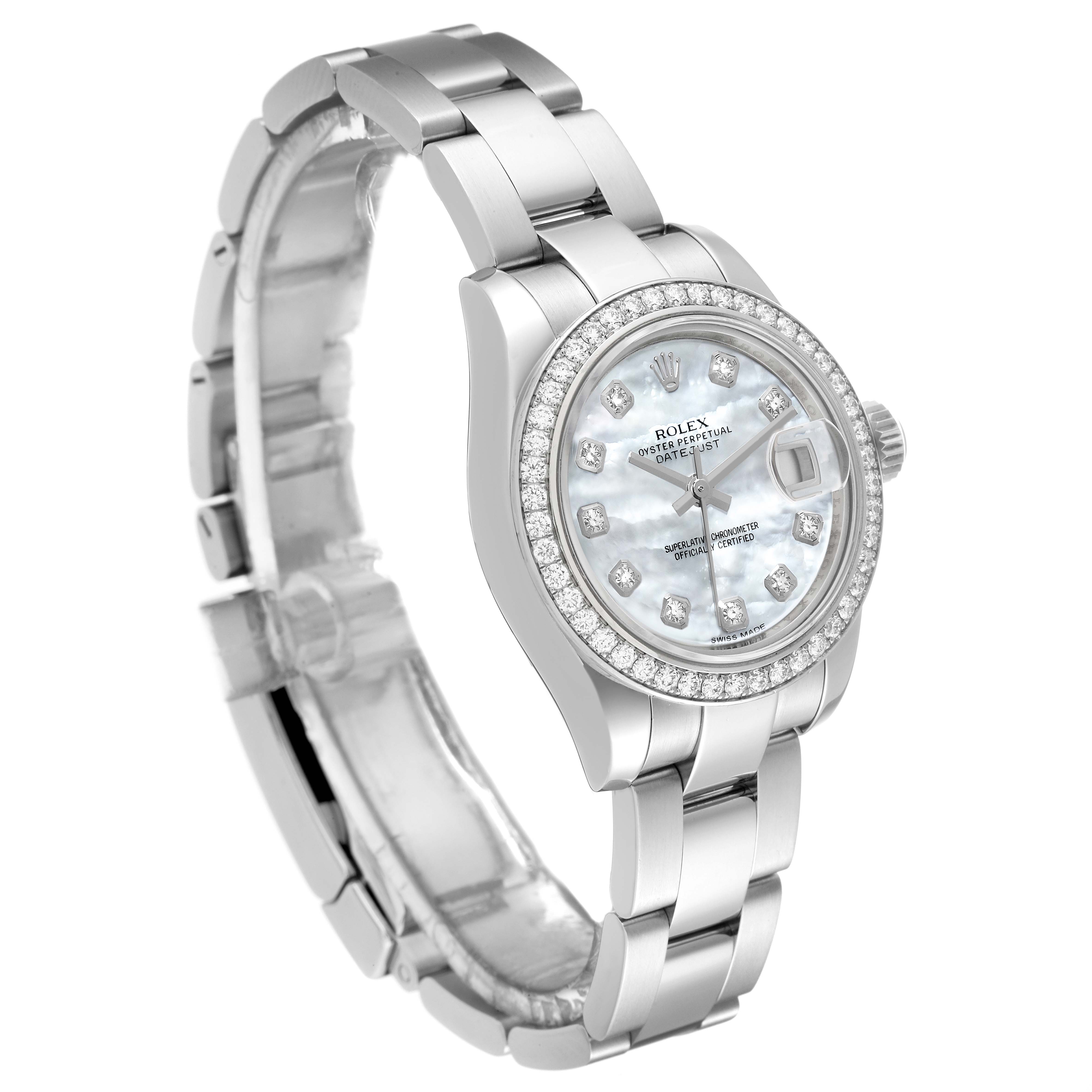 The image shows a Rolex Datejust 179384 Women's Stainless Steel Mother of Pearl Dial 179384 Women's Stainless Steel Mother of Pearl Dial watch angled slightly from the left, highlighting the dial, bezel, and bracelet.