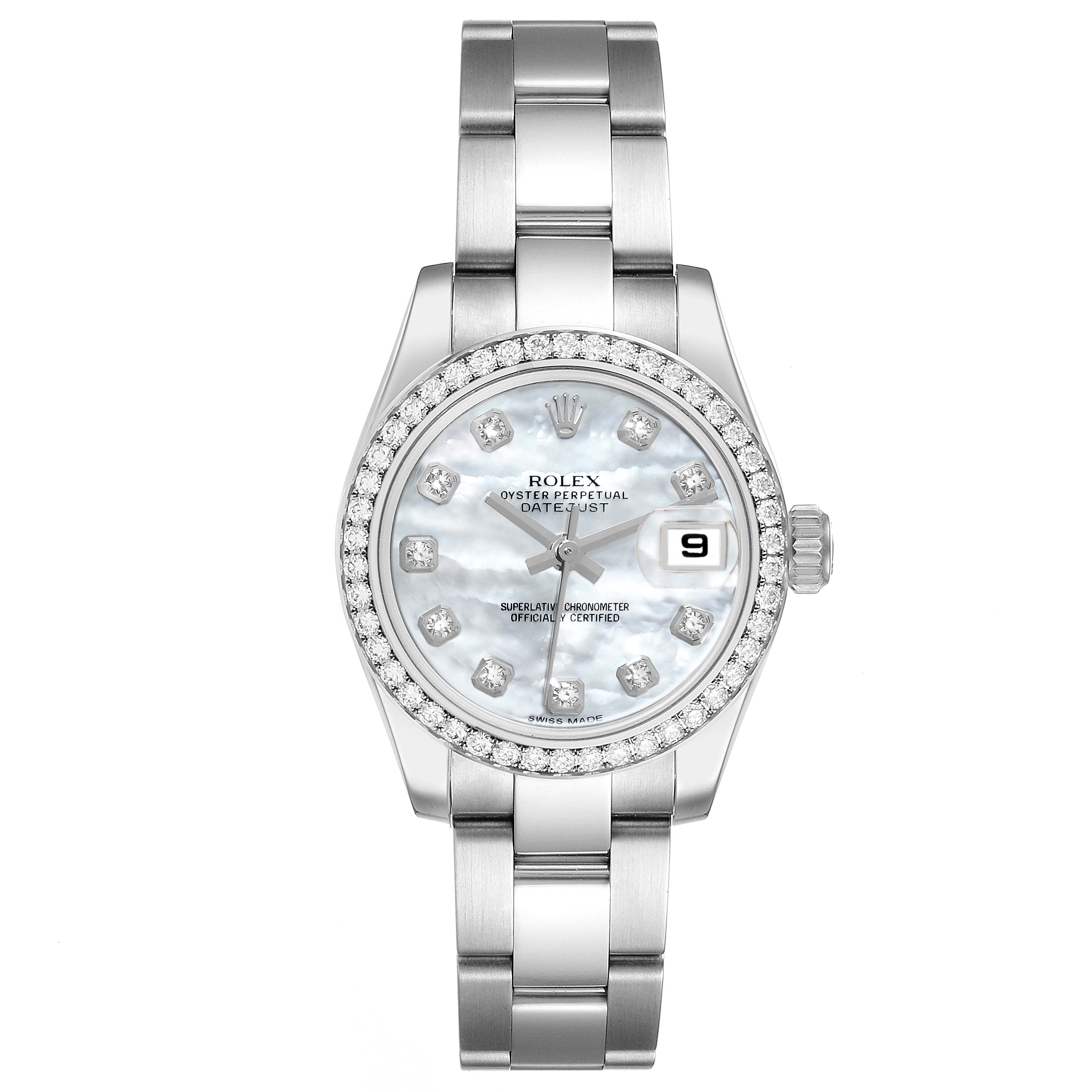 The image shows a front view of a Rolex Datejust 179384 Women's Stainless Steel Mother of Pearl Dial 179384 Women's Stainless Steel Mother of Pearl Dial watch, highlighting its bezel, dial, bracelet, and date window.