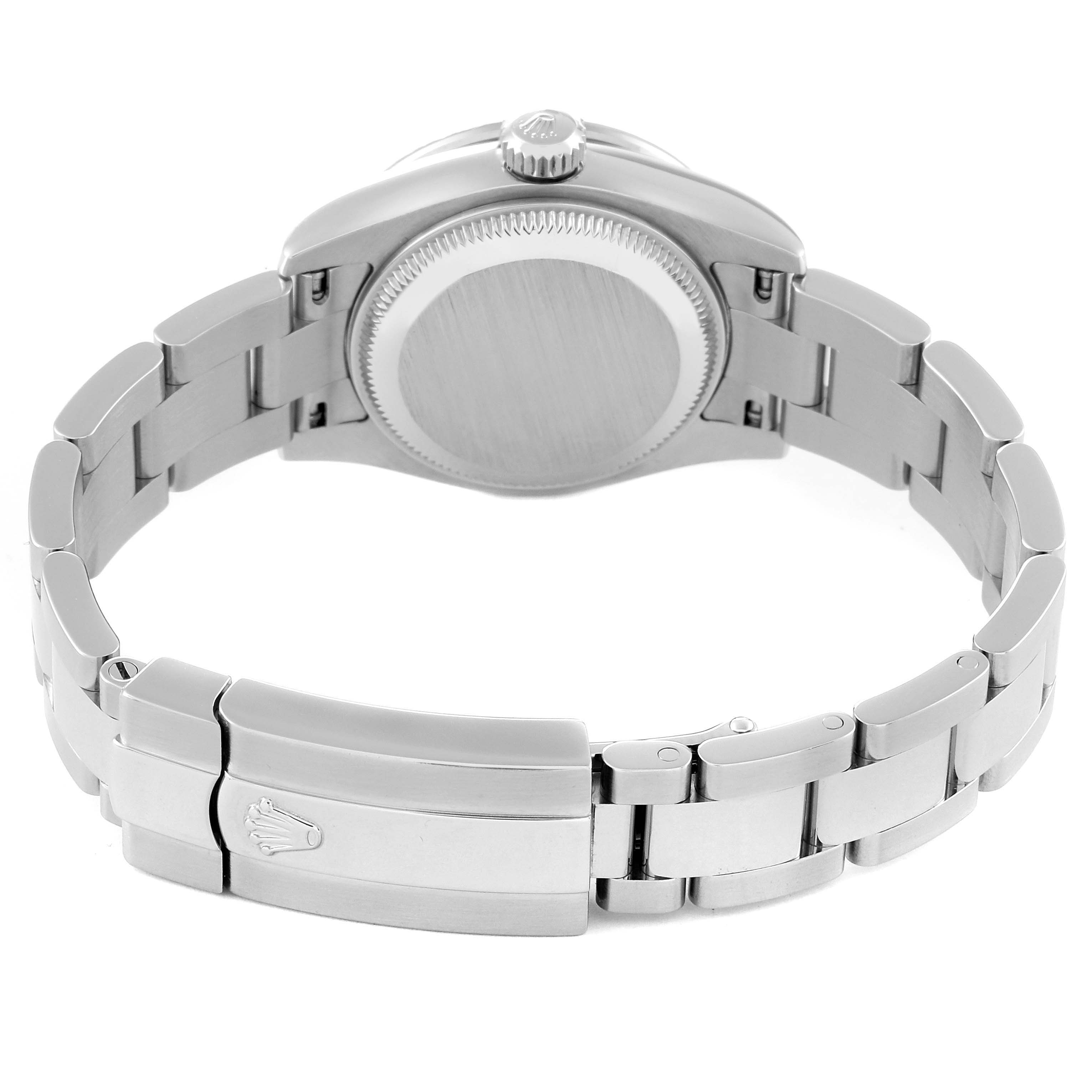 This image shows the back view of a Rolex Datejust 179384 Women's Stainless Steel Mother of Pearl Dial 179384 Women's Stainless Steel Mother of Pearl Dial watch, highlighting the case back and bracelet.