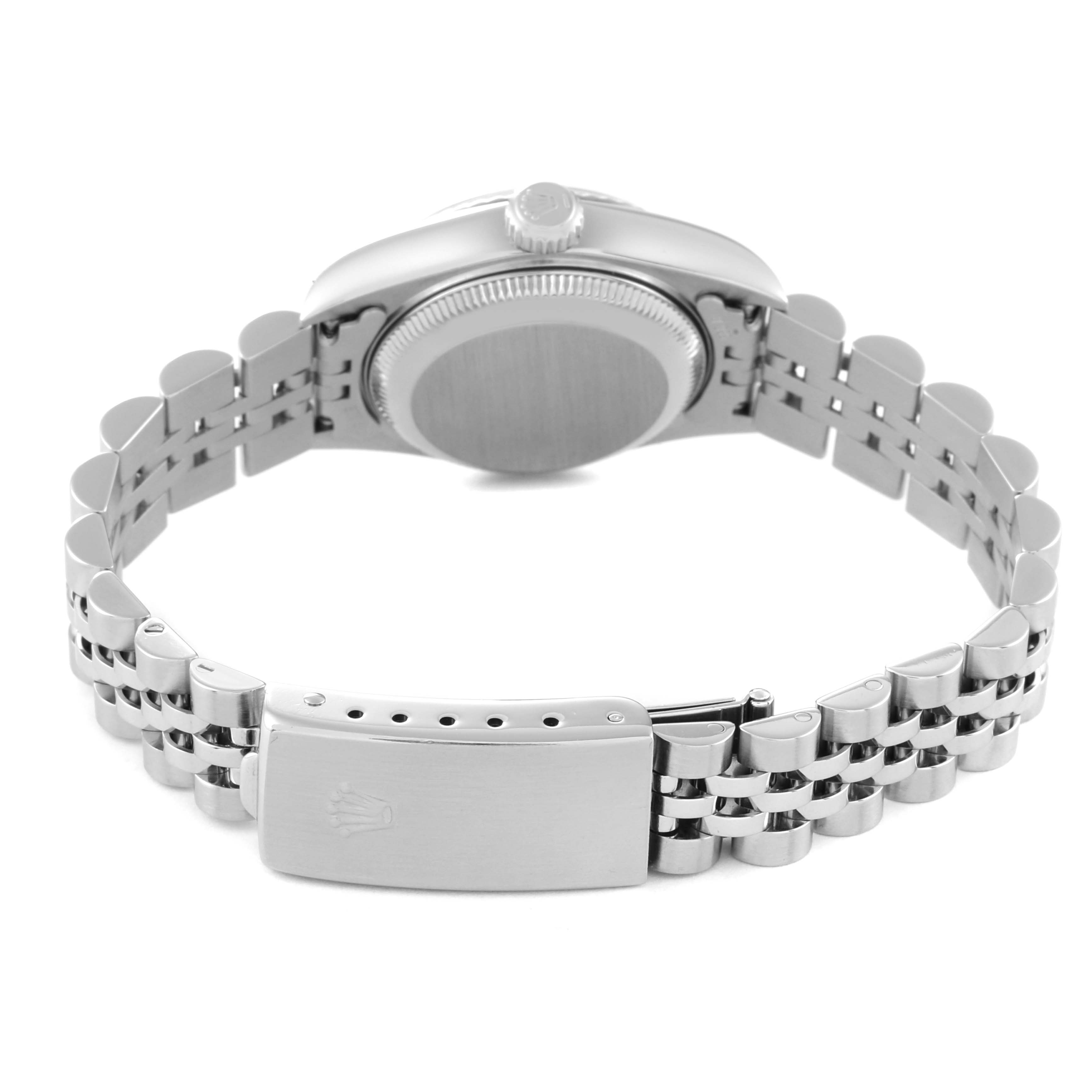 This image shows the back and bracelet clasp of the Rolex Datejust 79174 Women's Stainless Steel Mother of Pearl Dial 79174 Women's Stainless Steel Mother of Pearl Dial watch at an angled view.