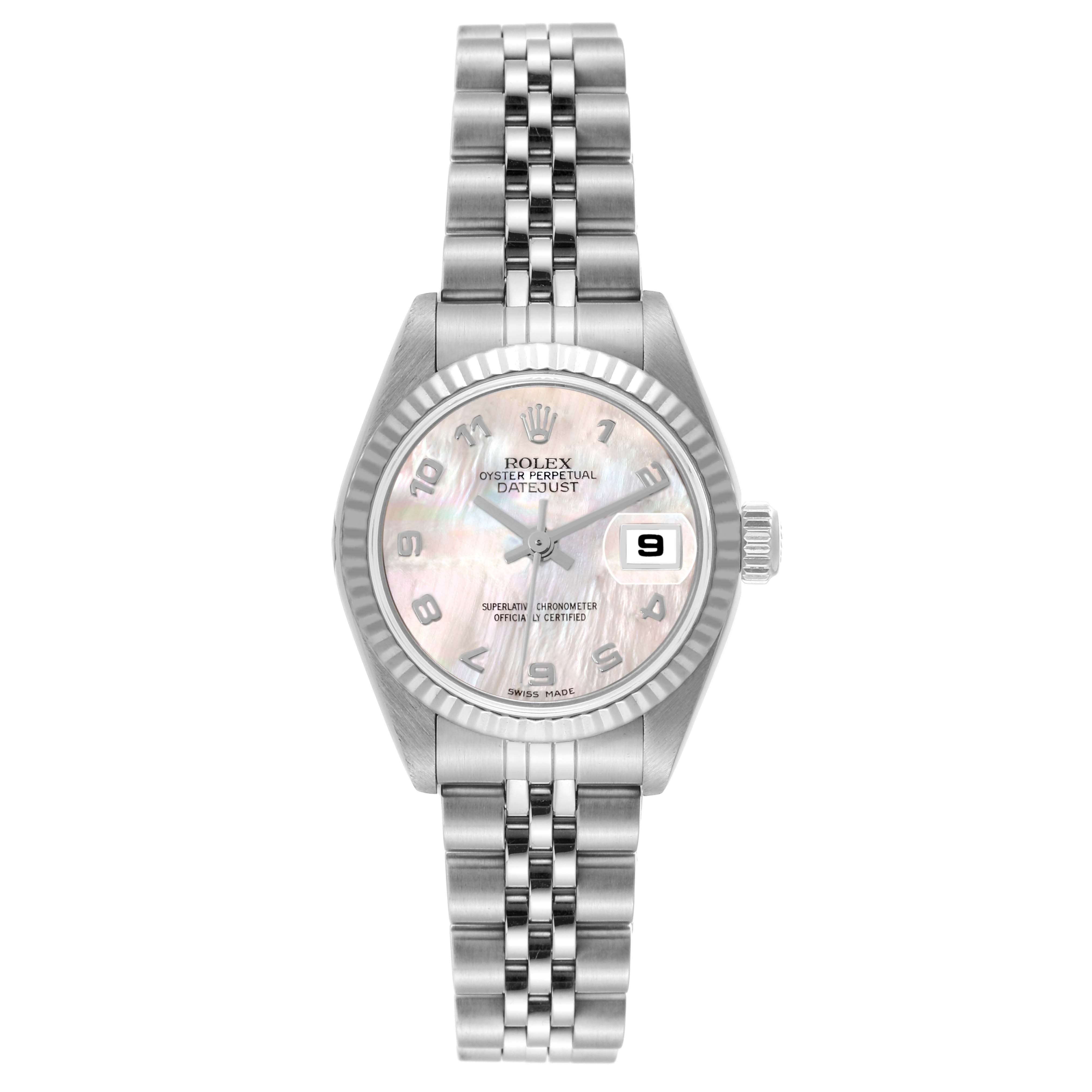 This image shows a frontal view of a Rolex Datejust 79174 Women's Stainless Steel Mother of Pearl Dial 79174 Women's Stainless Steel Mother of Pearl Dial watch with its dial, hands, bracelet, and date window visible.