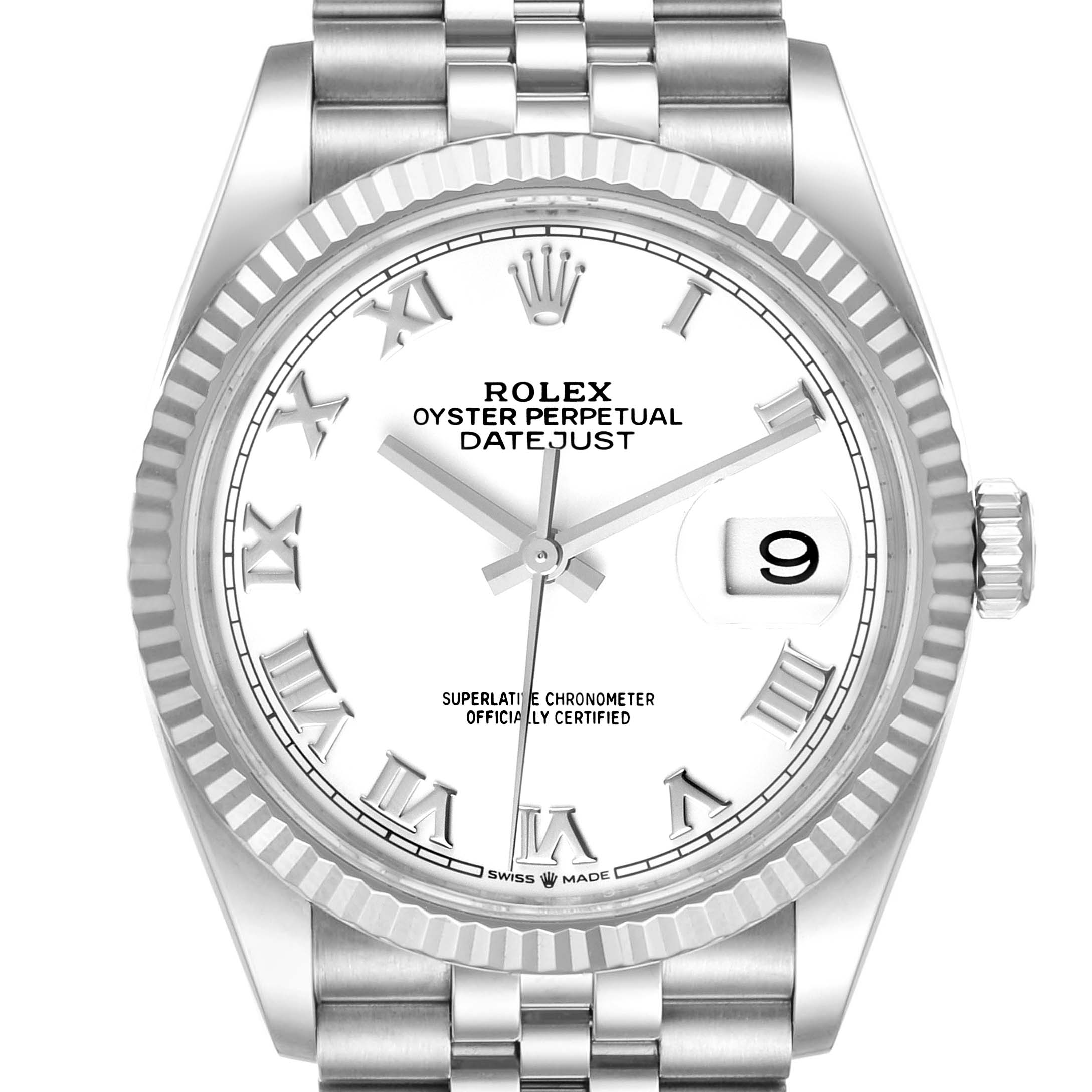 The image shows a front view of a Rolex Datejust 126234 Men's Stainless Steel White Dial 126234 Men's Stainless Steel White Dial watch, displaying its face, bezel, and part of the bracelet.