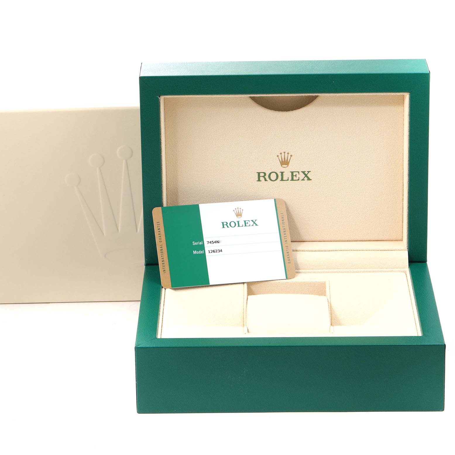 The image shows a Rolex Datejust 126234 Men's Stainless Steel White Dial 126234 Men's Stainless Steel White Dial model box and card, displayed from a front angle.