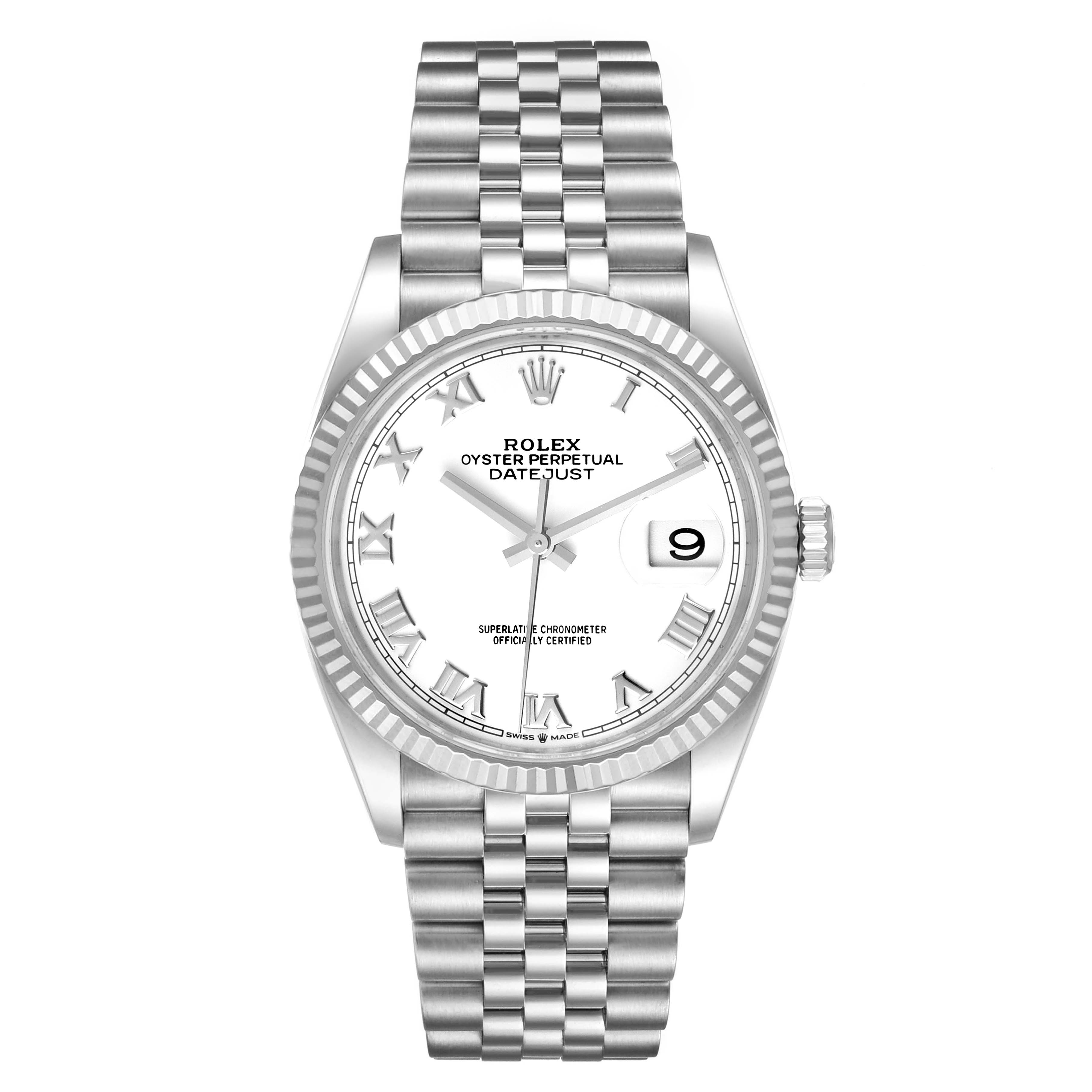 This image shows a frontal view of a Rolex Datejust 126234 Men's Stainless Steel White Dial 126234 Men's Stainless Steel White Dial watch, featuring its dial, bracelet, bezel, and date window.