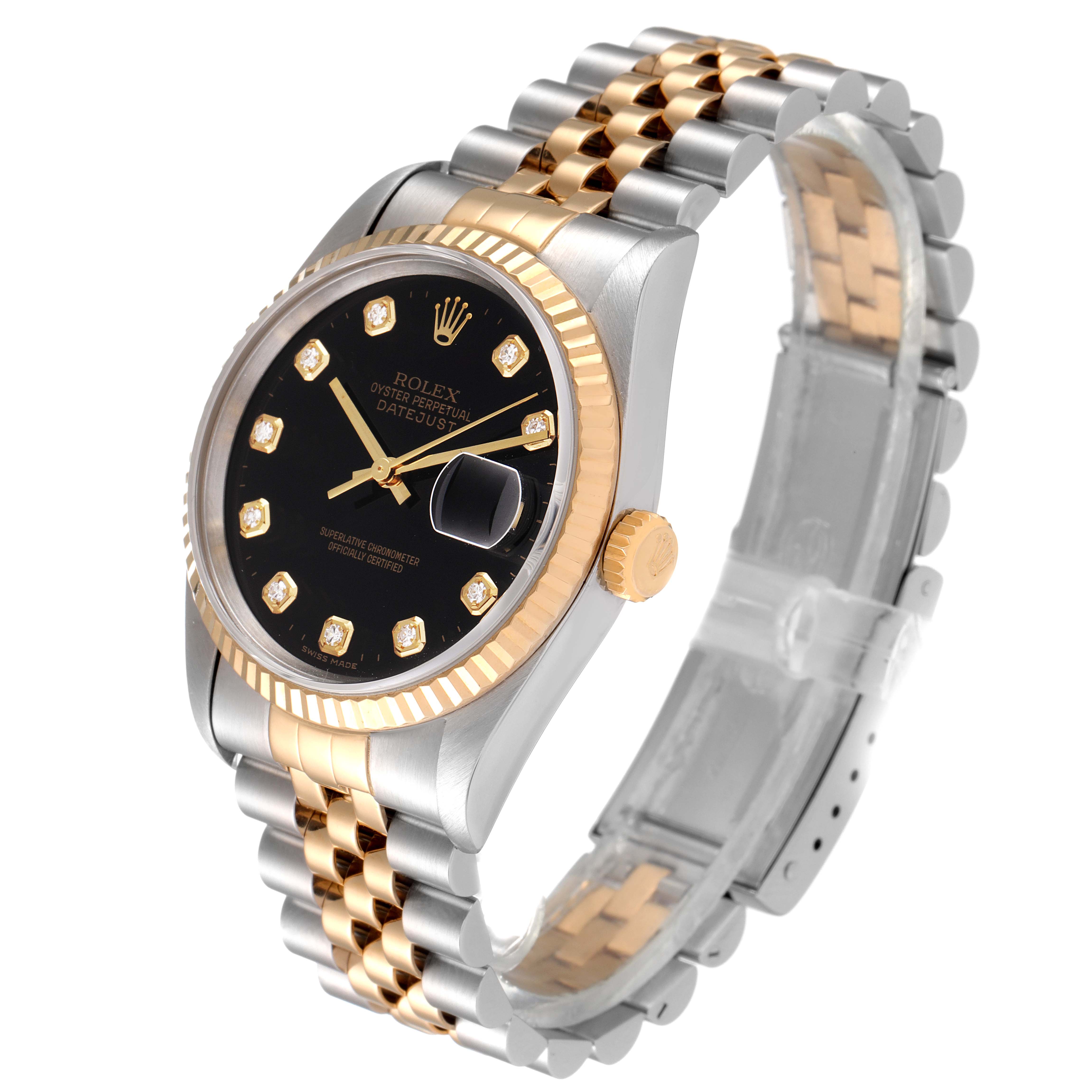 The Rolex Datejust 16233 Men's Steel and Gold (two tone) Black Dial 16233 Men's Steel and Gold (two tone) Black Dial watch is angled to show the face, bezel, crown, and bracelet, featuring a black dial and two-tone band.