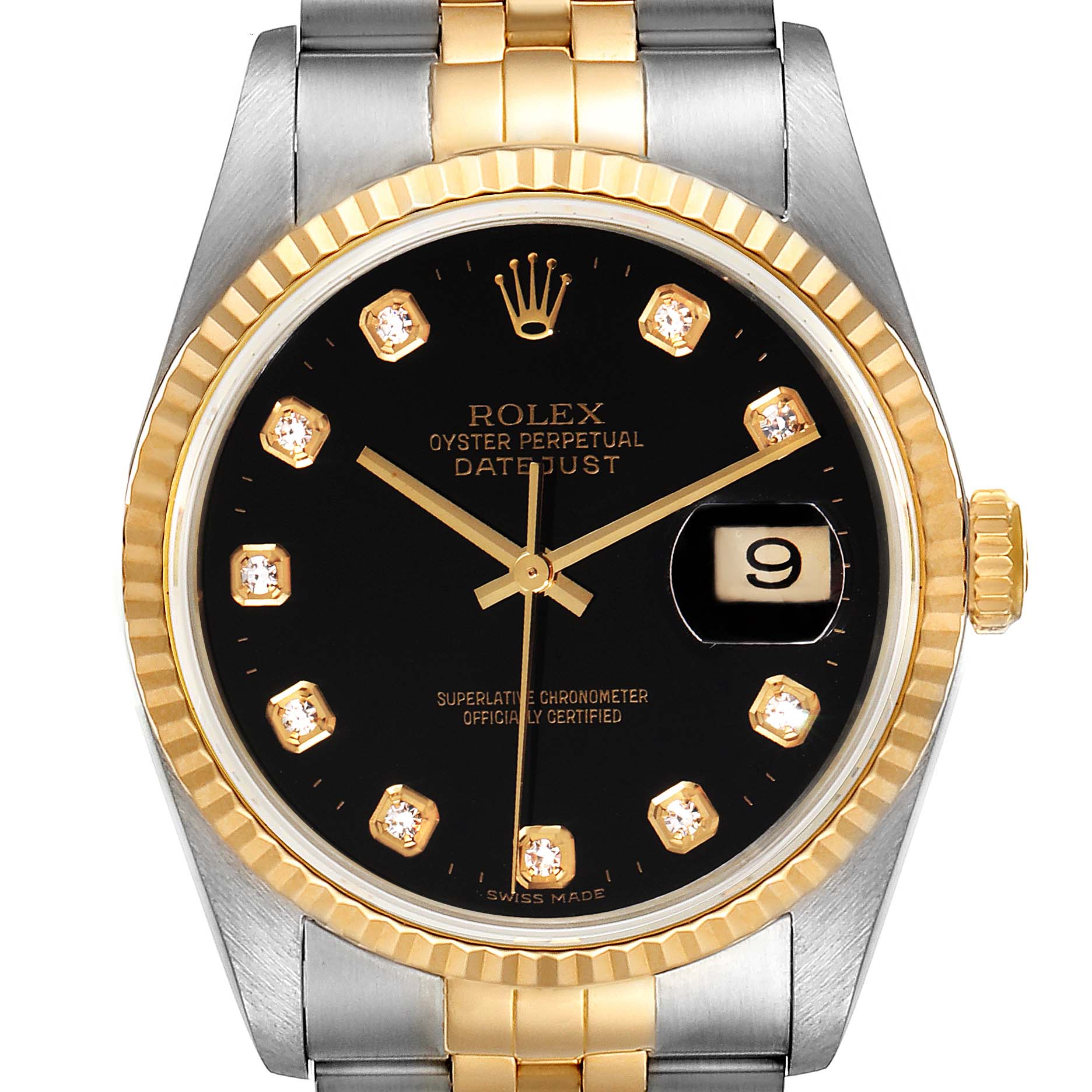 This image shows a close-up frontal view of a Rolex Datejust 16233 Men's Steel and Gold (two tone) Black Dial 16233 Men's Steel and Gold (two tone) Black Dial, highlighting its black dial, diamond hour markers, date window, and two-tone bracelet.