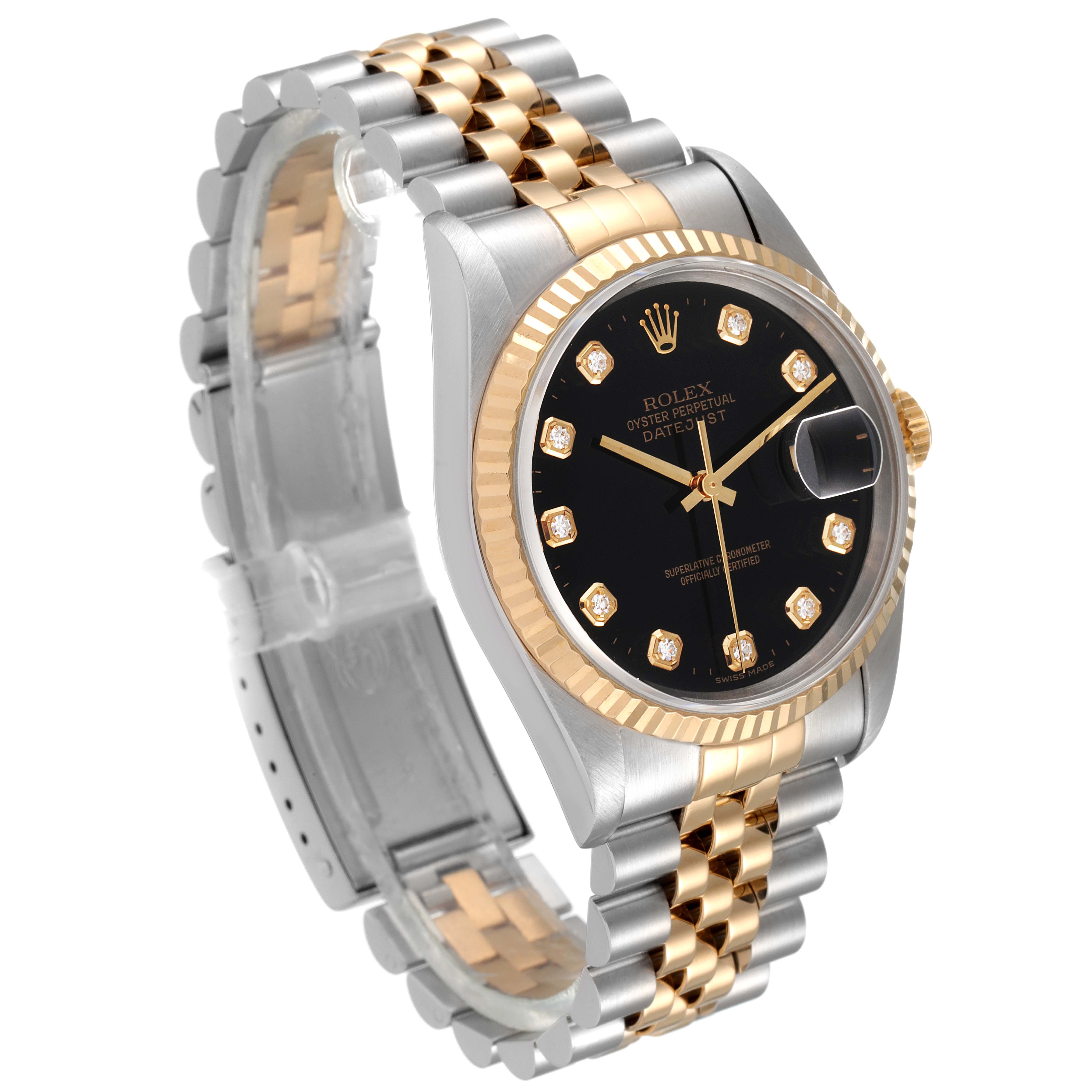 This Rolex Datejust 16233 Men's Steel and Gold (two tone) Black Dial 16233 Men's Steel and Gold (two tone) Black Dial watch is shown from a front-side angle, displaying the bezel, dial, and Jubilee bracelet.
