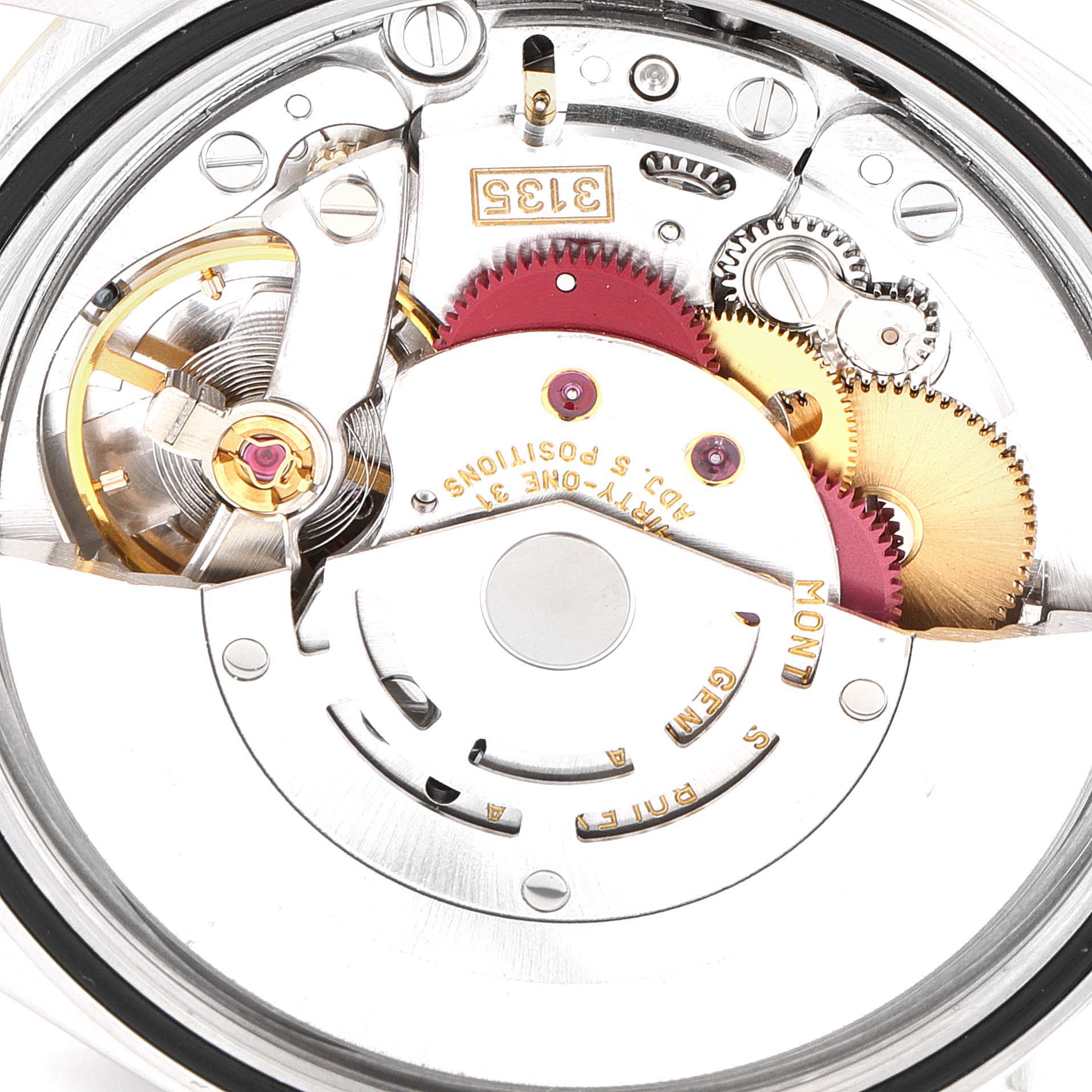 This image shows the internal mechanism of a Rolex Datejust 16233 Men's Steel and Gold (two tone) Black Dial 16233 Men's Steel and Gold (two tone) Black Dial watch, focusing on its gears and moving parts.
