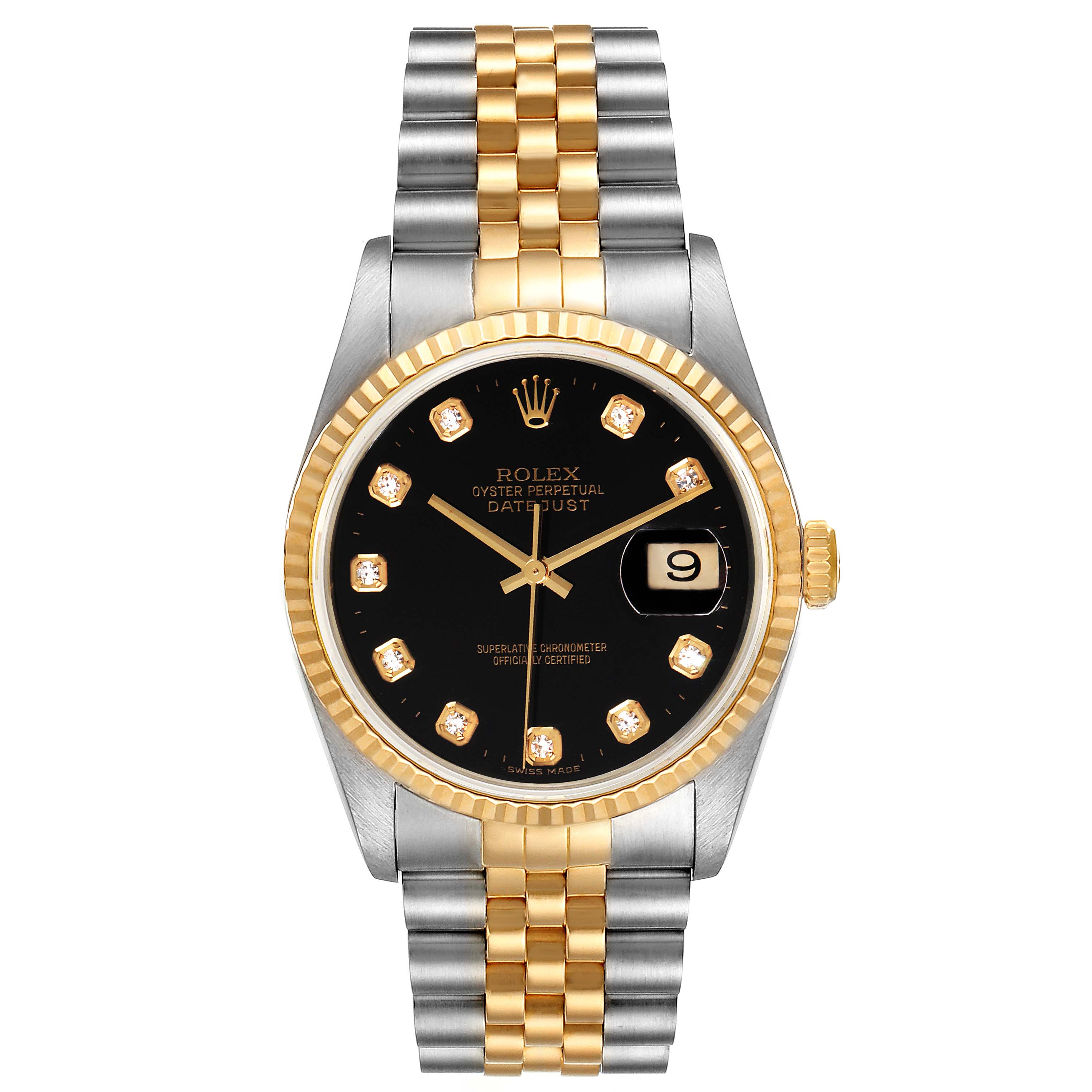 This image shows a front view of the Rolex Datejust 16233 Men's Steel and Gold (two tone) Black Dial 16233 Men's Steel and Gold (two tone) Black Dial model, focusing on its black dial, date display, and two-tone band.