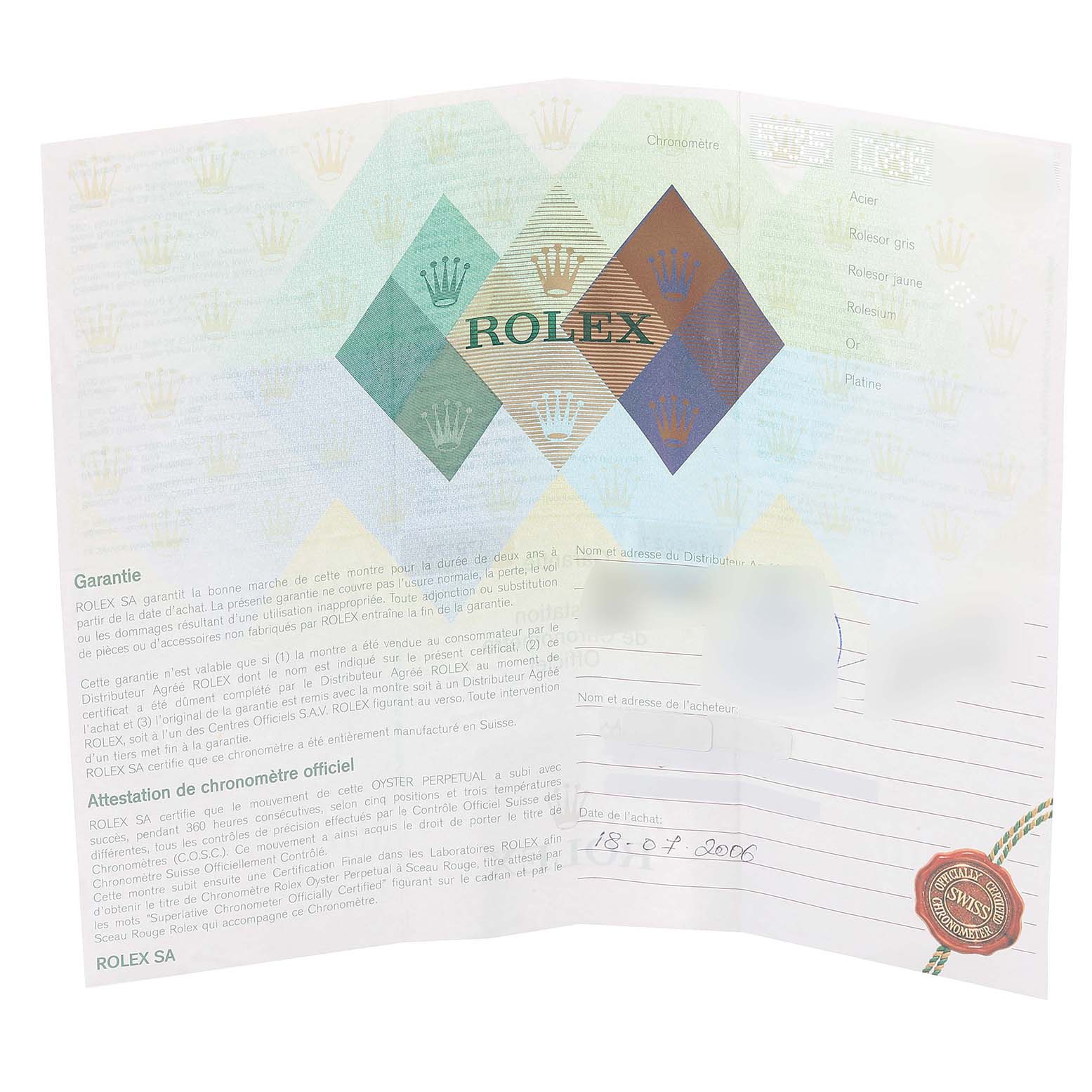 This image shows an open warranty certificate for the Rolex Datejust 179173 Women's Steel and Gold (two tone) Champagne Dial 179173 Women's Steel and Gold (two tone) Champagne Dial model, displaying the brand name and logo prominently.