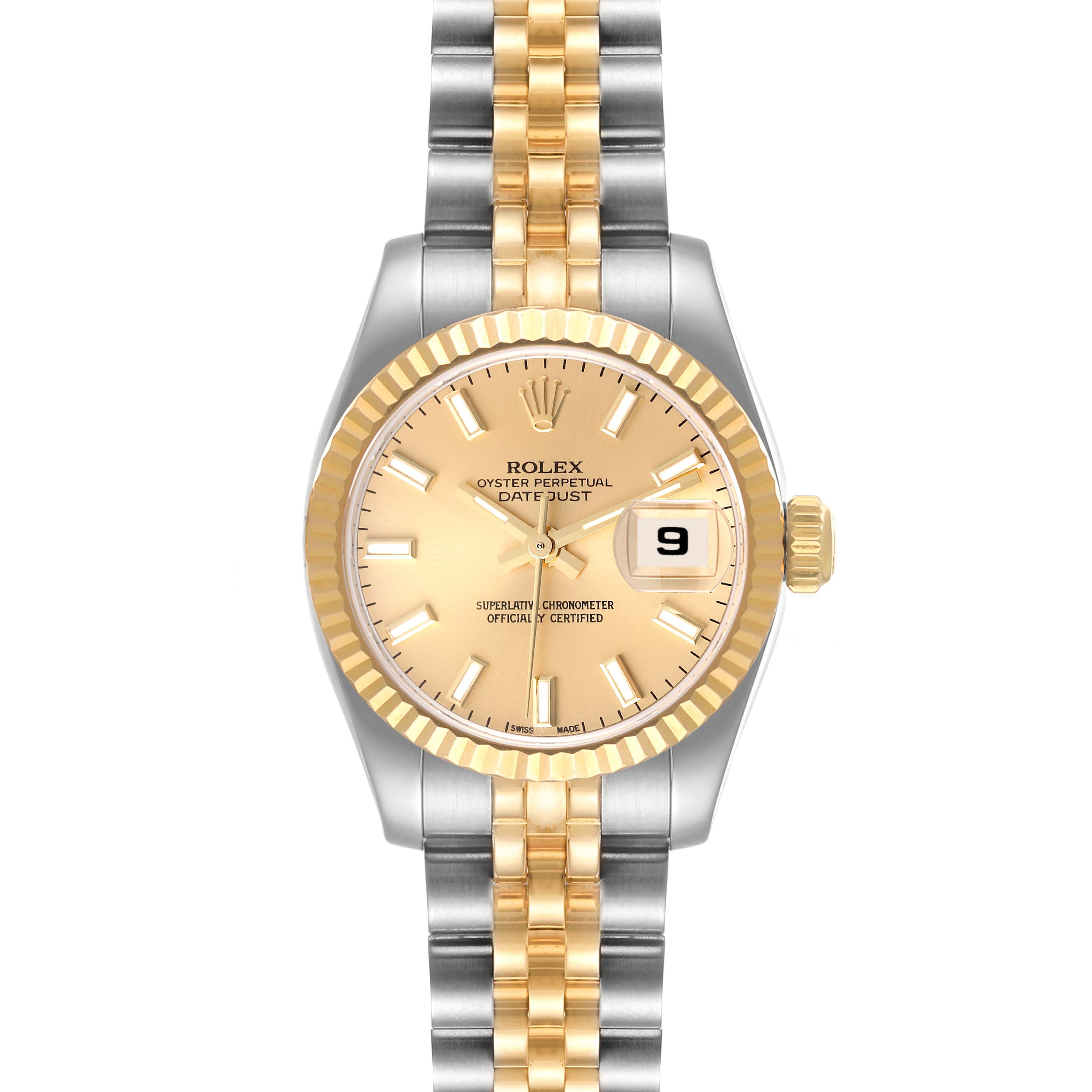 The image shows a Rolex Datejust 179173 Women's Steel and Gold (two tone) Champagne Dial 179173 Women's Steel and Gold (two tone) Champagne Dial watch from a top-down angle, highlighting the two-tone strap, bezel, dial, hands, and date window.