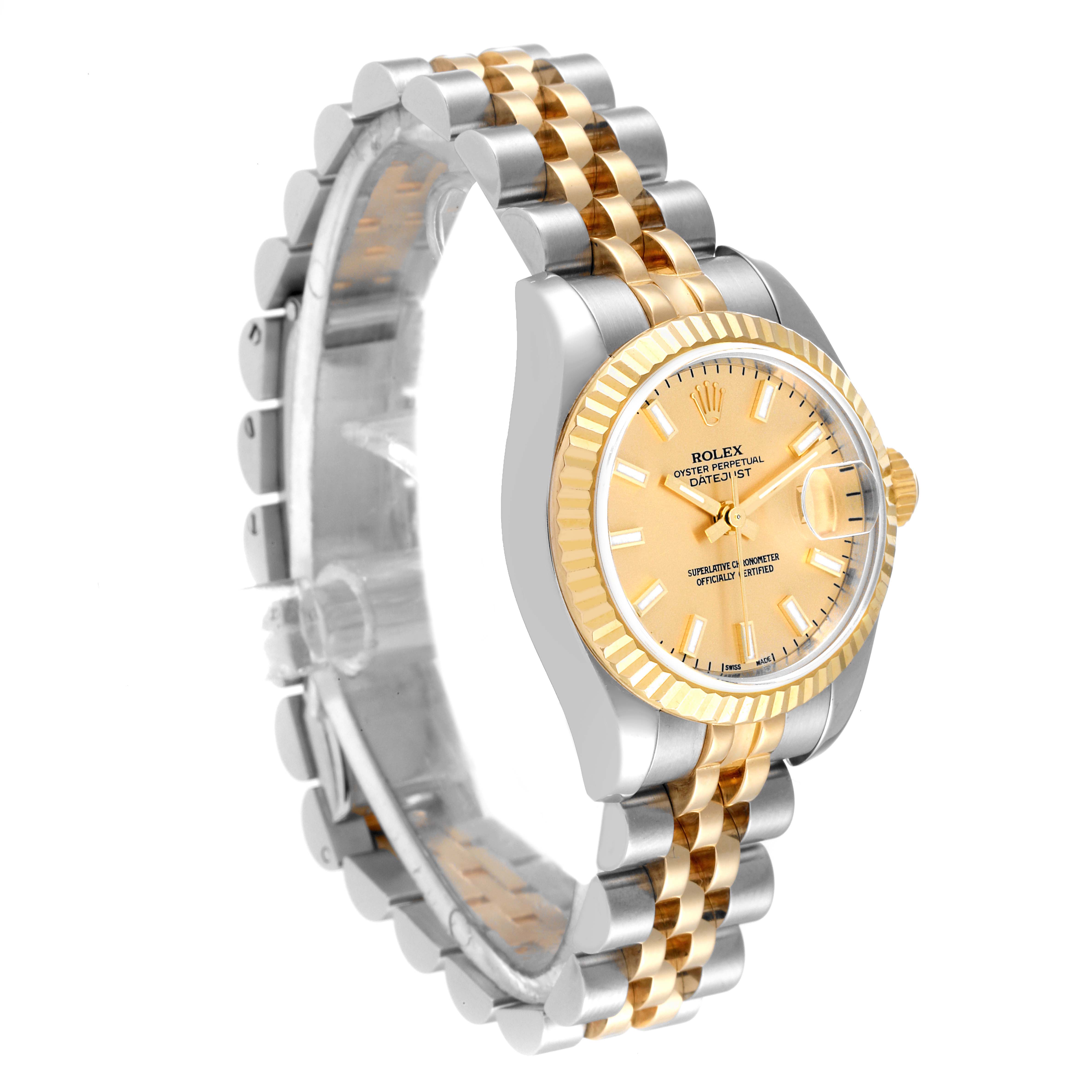 This image shows a side angle of a Rolex Datejust 179173 Women's Steel and Gold (two tone) Champagne Dial 179173 Women's Steel and Gold (two tone) Champagne Dial watch, highlighting the watch face, bezel, and jubilee bracelet.