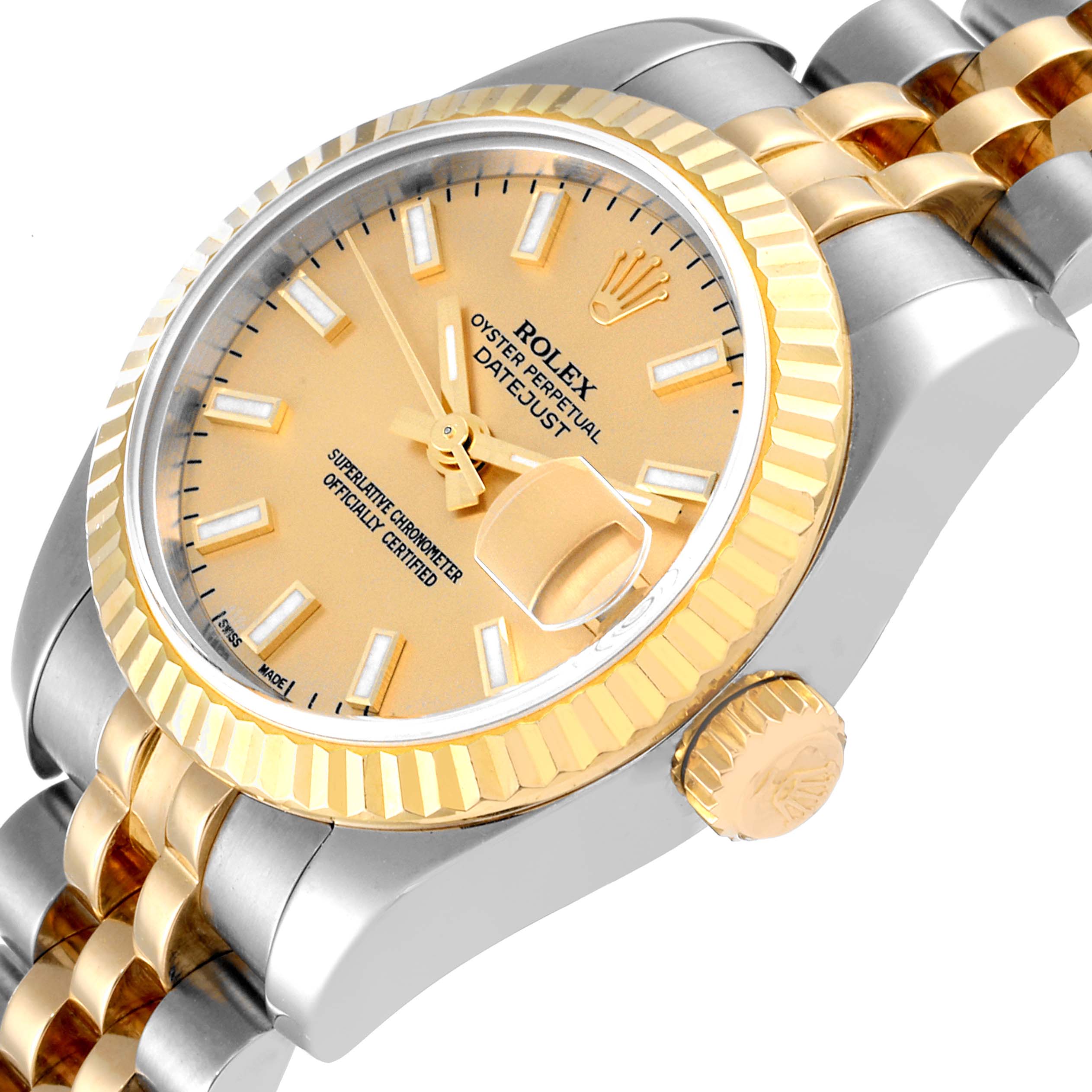 This image shows a close-up angled view of the Rolex Datejust 179173 Women's Steel and Gold (two tone) Champagne Dial 179173 Women's Steel and Gold (two tone) Champagne Dial watch, featuring the dial, bezel, and part of the bracelet.