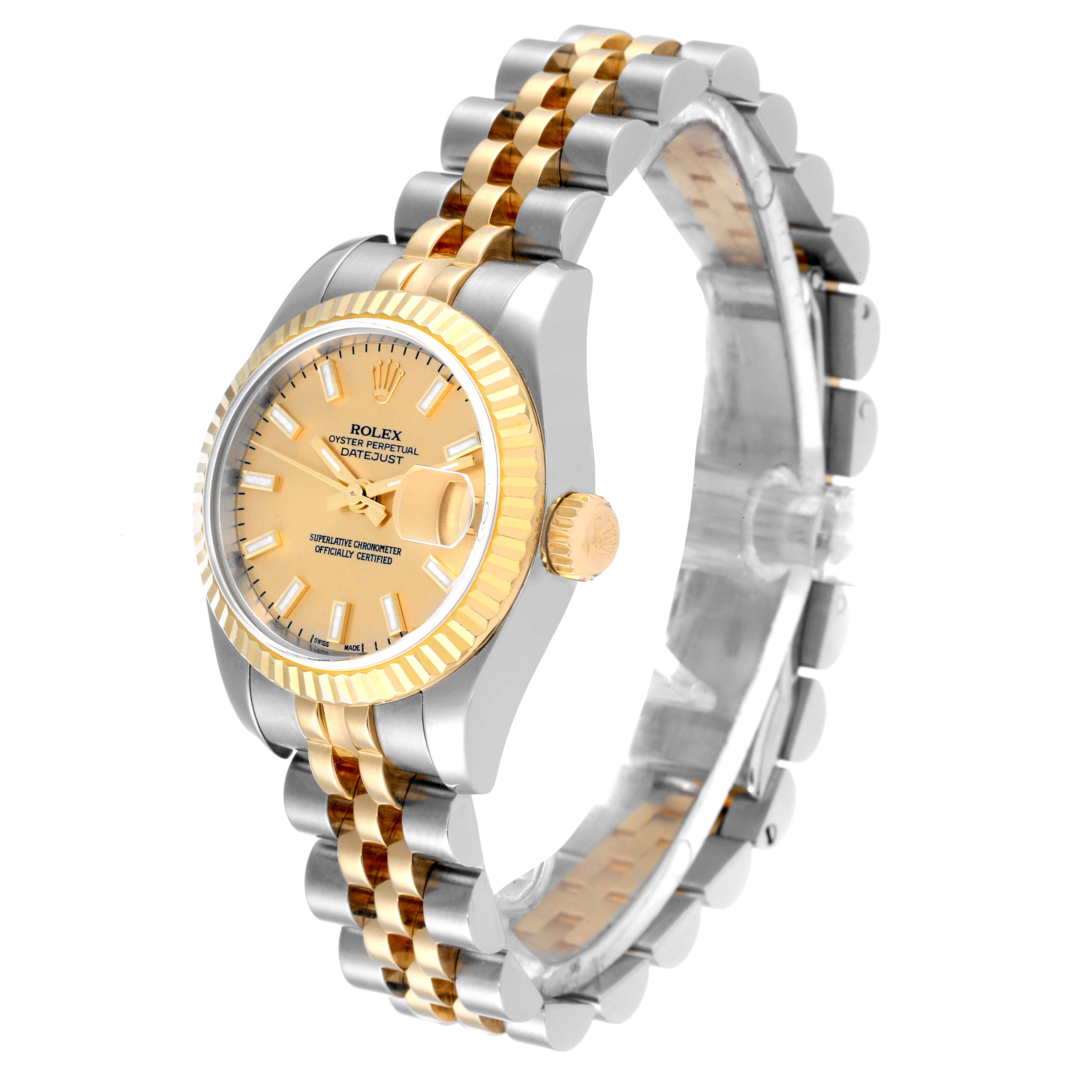 This image shows a Rolex Datejust 179173 Women's Steel and Gold (two tone) Champagne Dial 179173 Women's Steel and Gold (two tone) Champagne Dial watch at a 3/4 angle, highlighting the dial, bezel, crown, and two-tone bracelet.