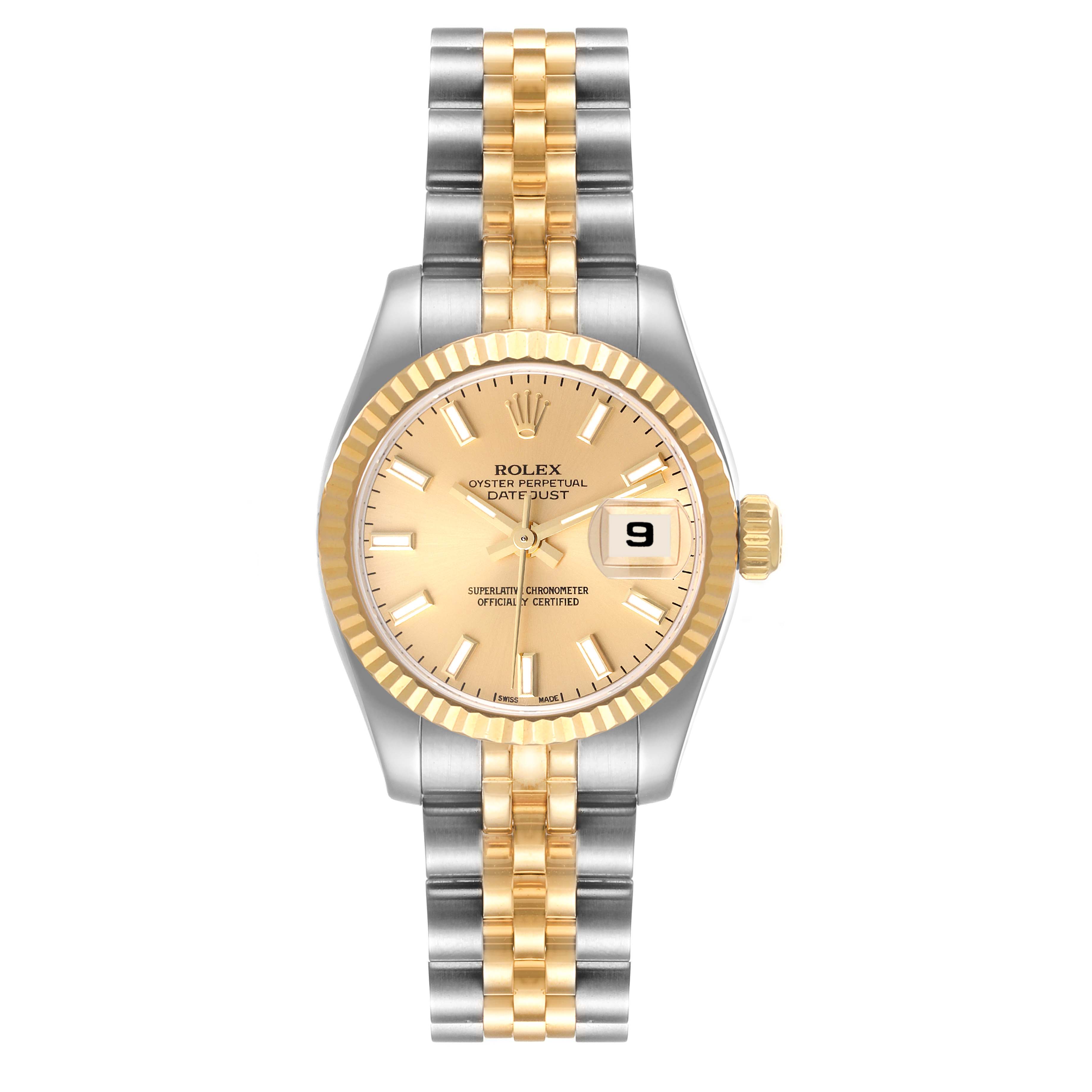 This image shows a front view of a Rolex Datejust 179173 Women's Steel and Gold (two tone) Champagne Dial 179173 Women's Steel and Gold (two tone) Champagne Dial watch, featuring a two-tone bracelet and a gold-colored dial.