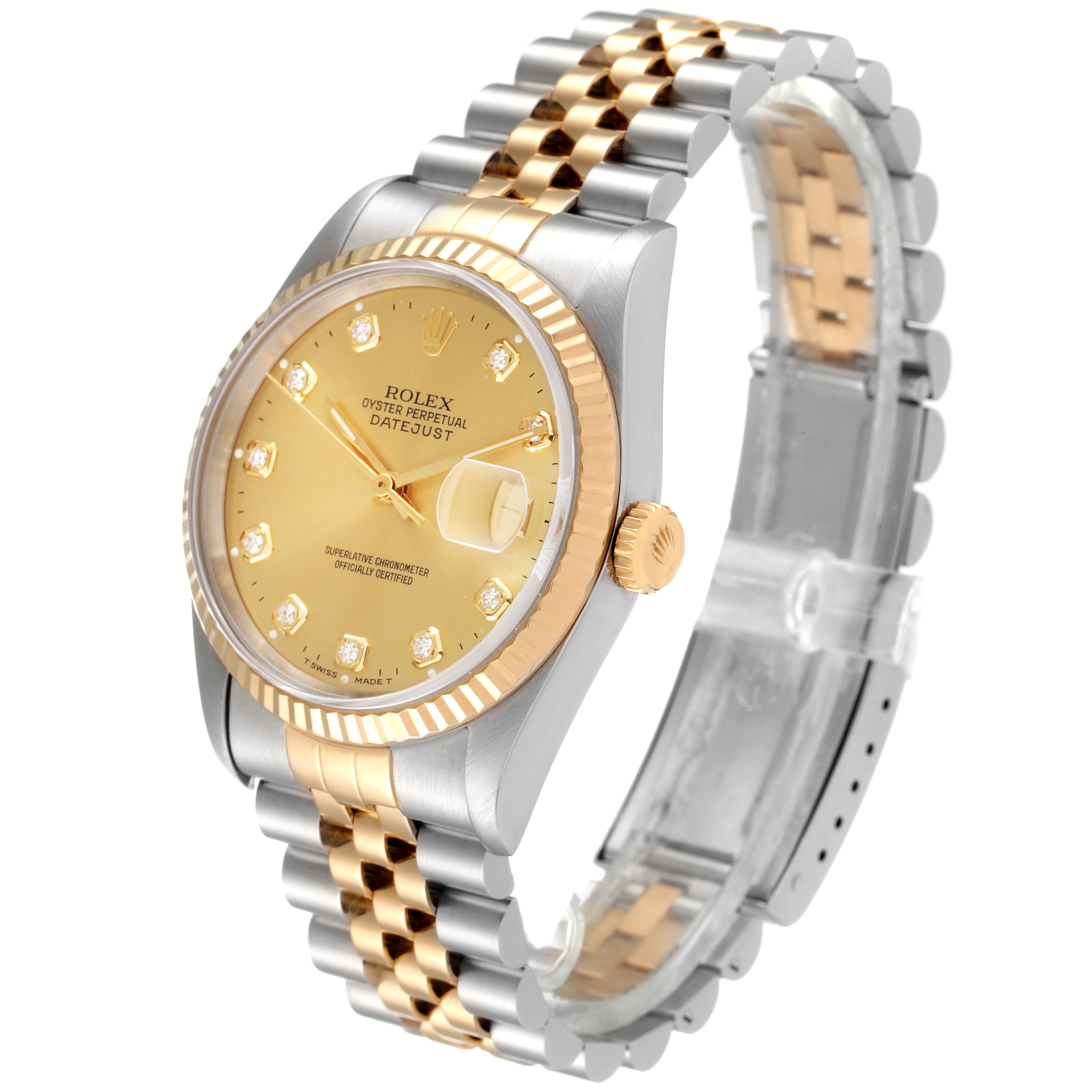 The Rolex Datejust 16233 Men's Steel and Gold (two tone) Champagne Dial 16233 Men's Steel and Gold (two tone) Champagne Dial watch is shown at a three-quarter angle, highlighting the gold dial, fluted bezel, and two-tone bracelet.
