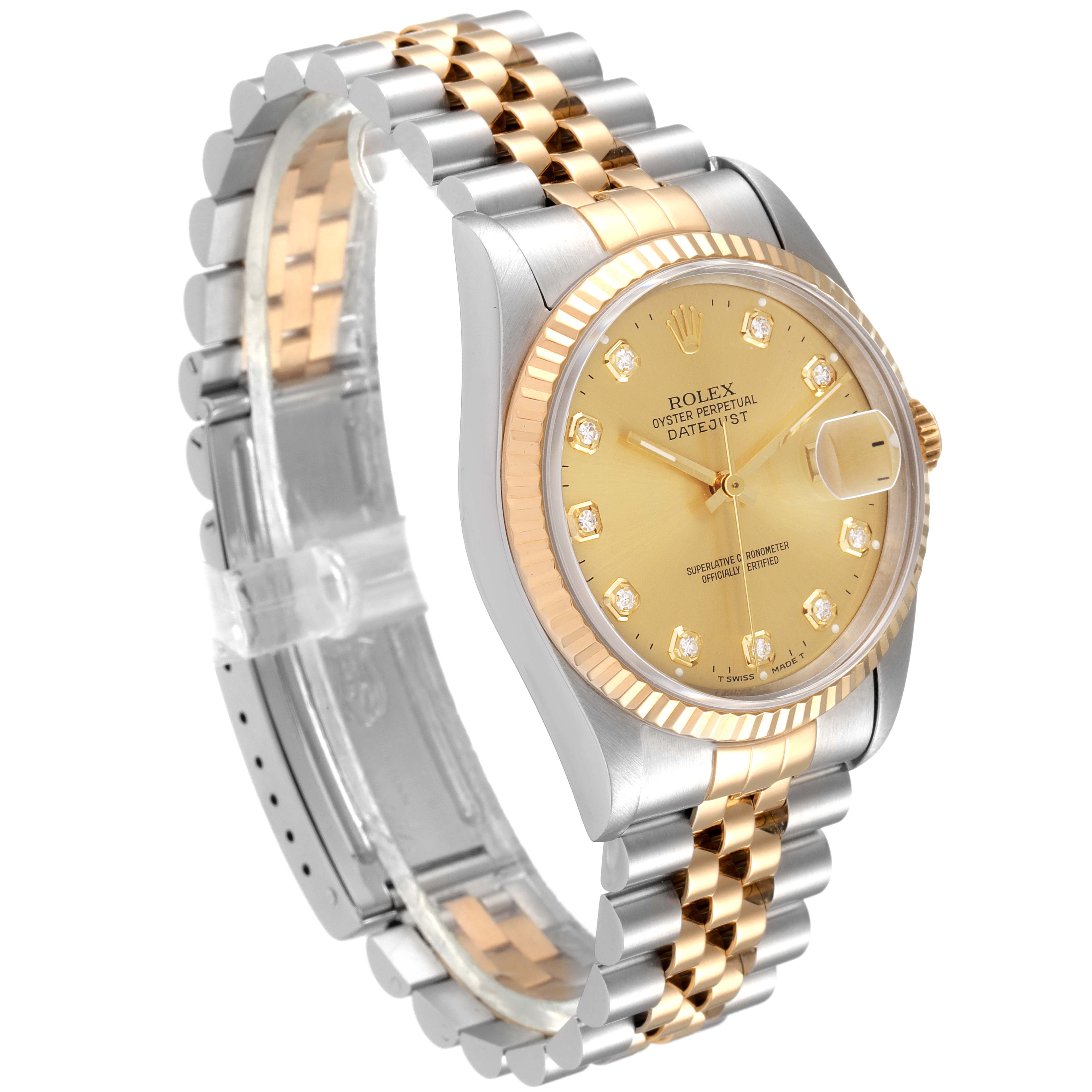 This image shows a Rolex Datejust 16233 Men's Steel and Gold (two tone) Champagne Dial 16233 Men's Steel and Gold (two tone) Champagne Dial watch from an angled side view, highlighting its gold and silver bracelet, and champagne dial with diamond markers.