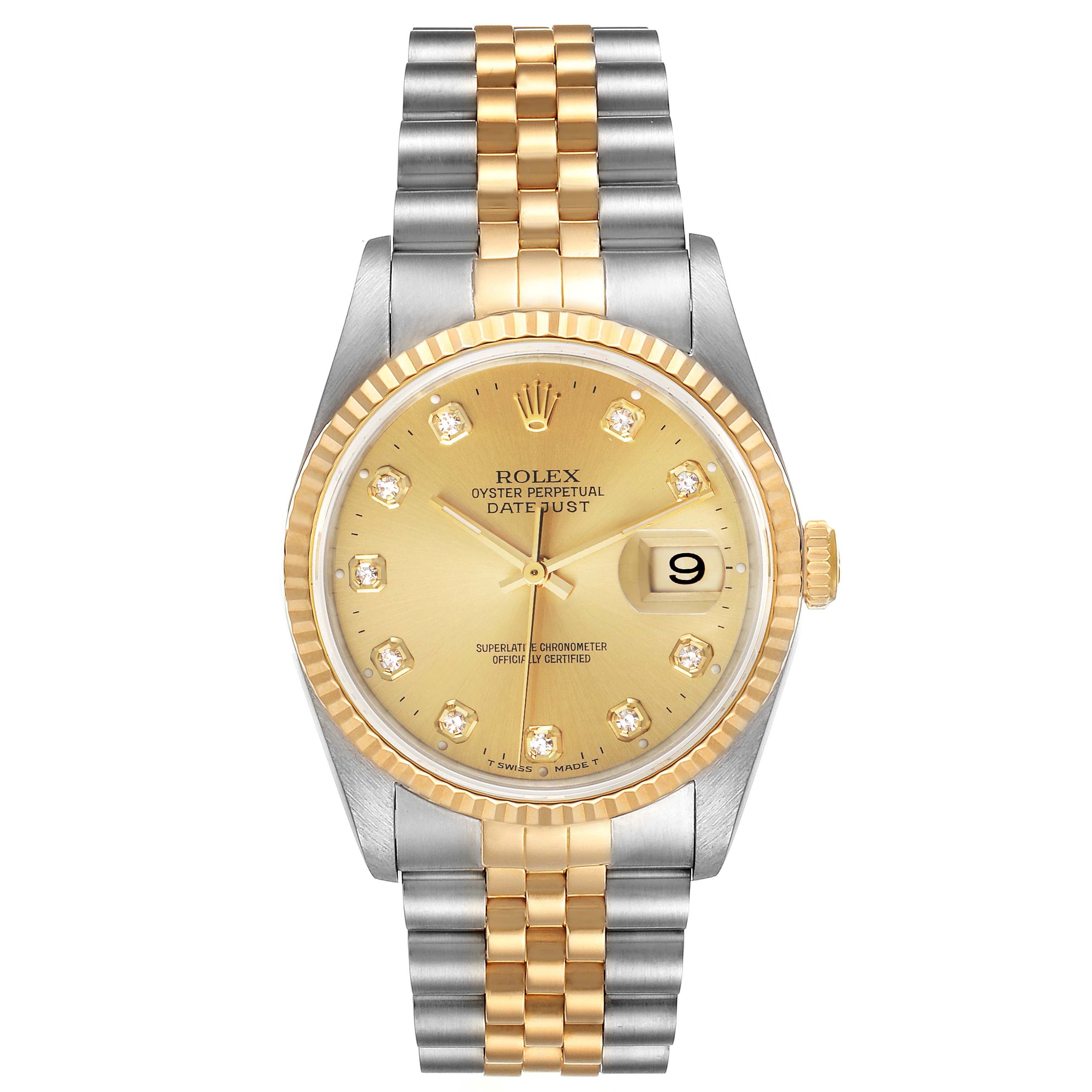 This Rolex Datejust 16233 Men's Steel and Gold (two tone) Champagne Dial 16233 Men's Steel and Gold (two tone) Champagne Dial watch is shown from a frontal view, highlighting its gold bezel, dial, and two-tone bracelet.