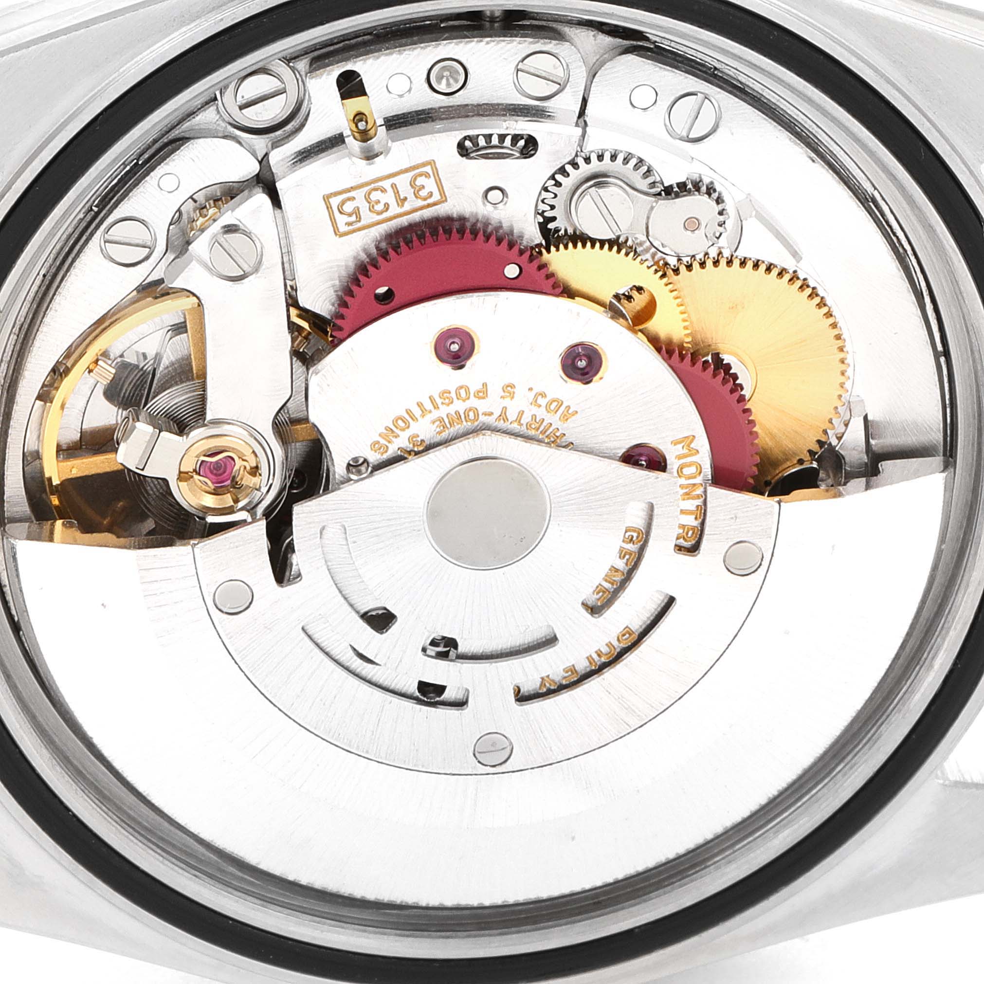 The image shows a close-up, back view of the movement mechanism of the Rolex Datejust 16233 Men's Steel and Gold (two tone) Champagne Dial 16233 Men's Steel and Gold (two tone) Champagne Dial watch.