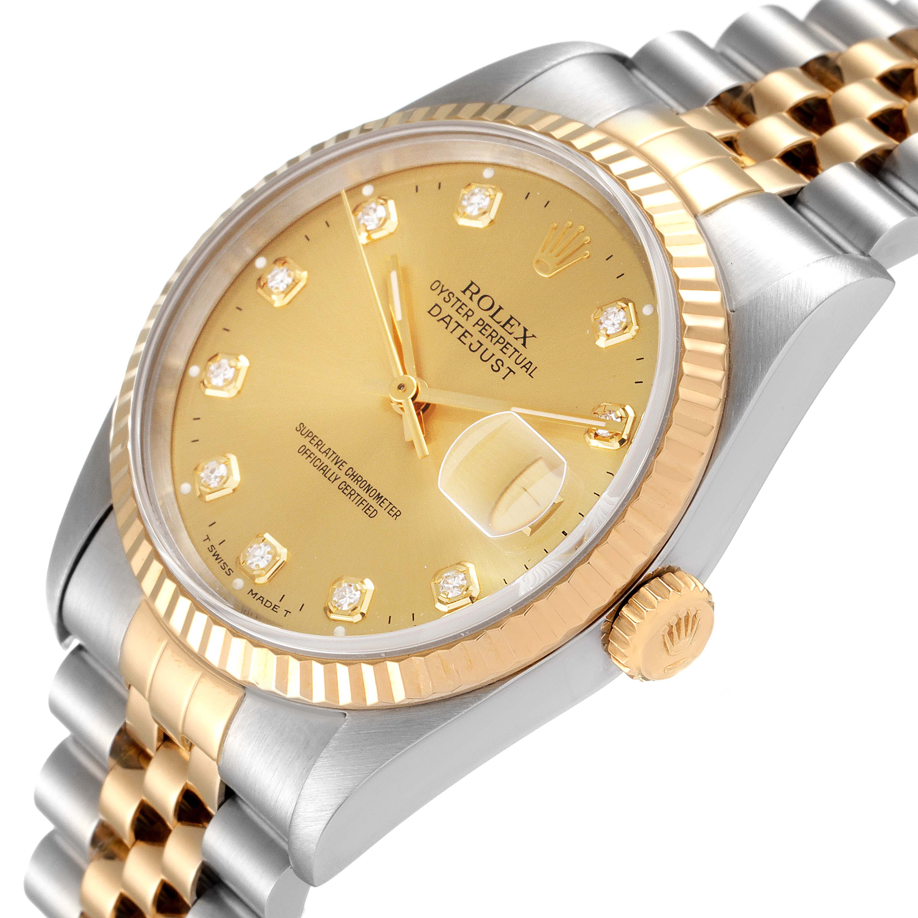 The image shows a Rolex Datejust 16233 Men's Steel and Gold (two tone) Champagne Dial 16233 Men's Steel and Gold (two tone) Champagne Dial watch at an angled view highlighting its gold dial, fluted bezel, and two-tone bracelet.