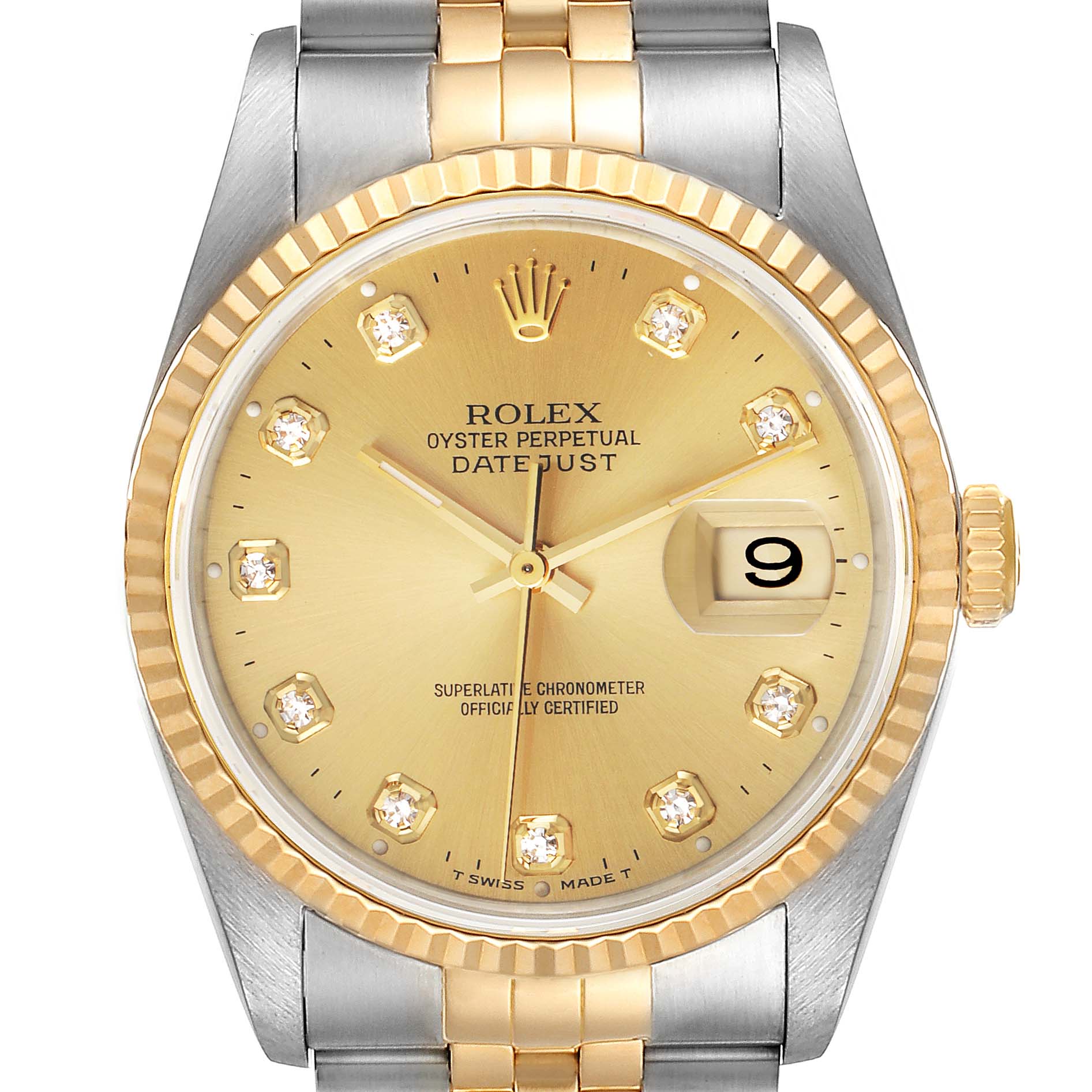 This image shows a frontal view of the Rolex Datejust 16233 Men's Steel and Gold (two tone) Champagne Dial 16233 Men's Steel and Gold (two tone) Champagne Dial watch, highlighting its gold dial, diamond hour markers, and the date window at 3 o'clock.