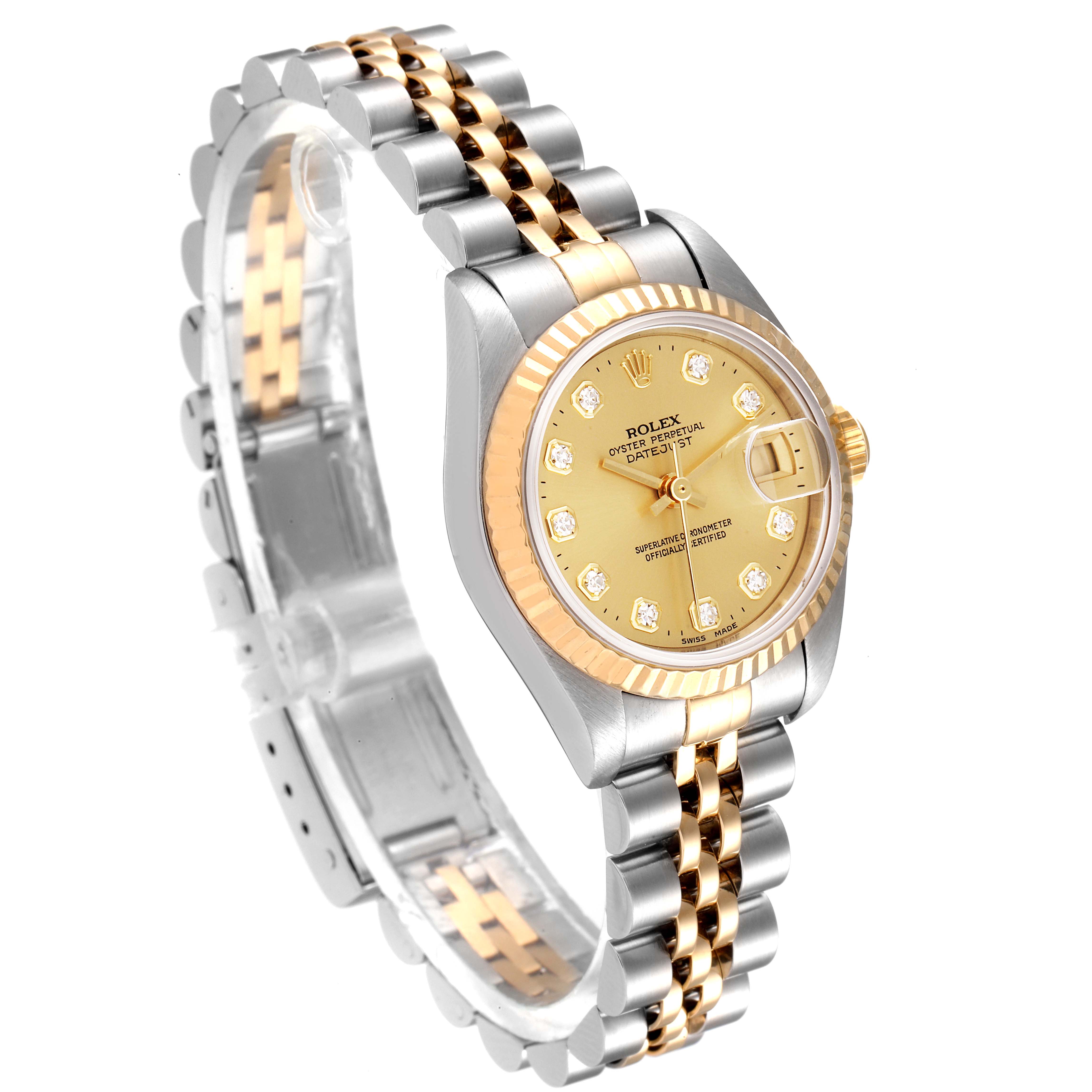 This image shows an angled view of the Rolex Datejust 79173 Women's Steel and Gold (two tone) Champagne Dial 79173 Women's Steel and Gold (two tone) Champagne Dial watch, highlighting its dial, bezel, and two-tone bracelet.