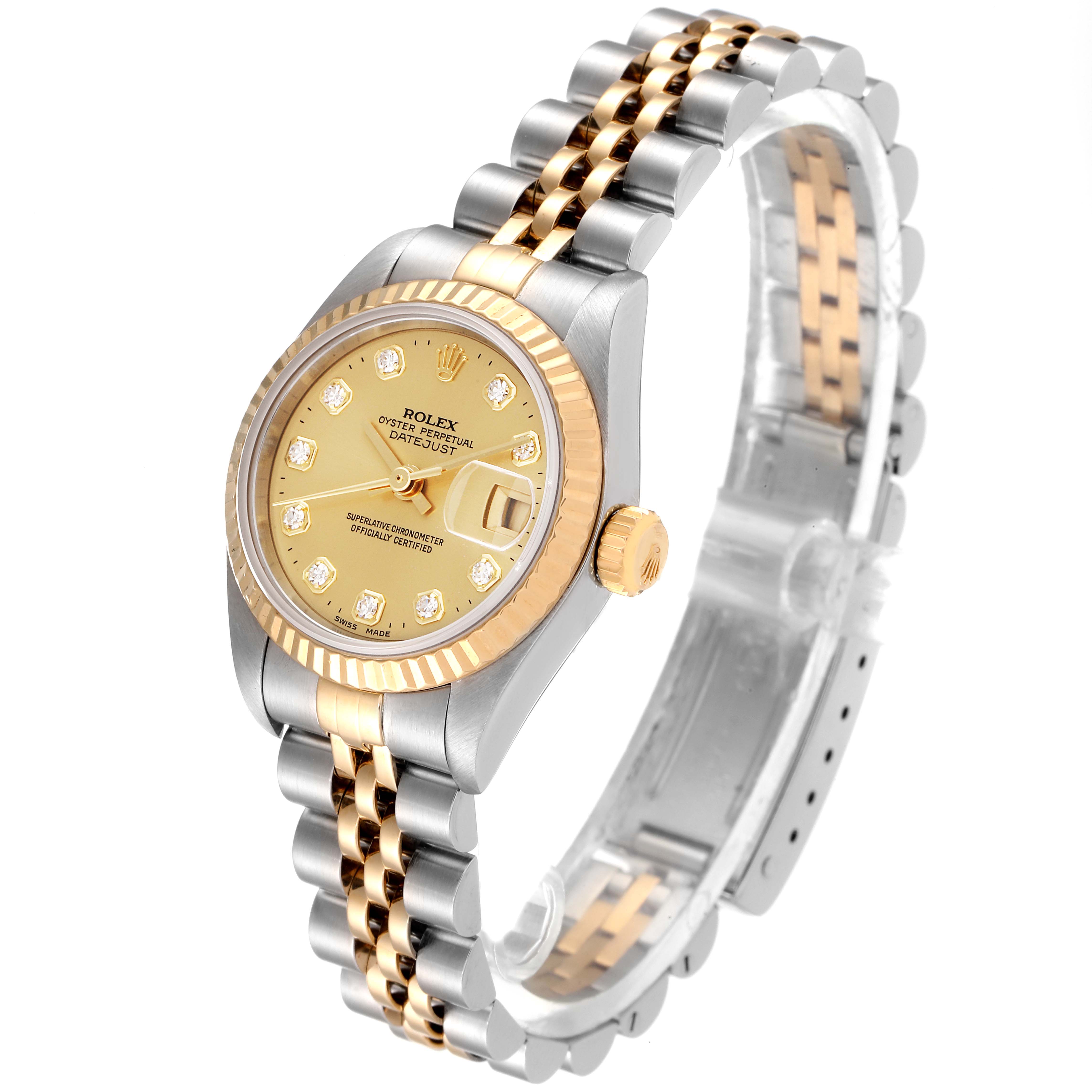 The image shows a Rolex Datejust 79173 Women's Steel and Gold (two tone) Champagne Dial 79173 Women's Steel and Gold (two tone) Champagne Dial watch at a slight angle, displaying the dial, bezel, crown, and part of the bracelet.