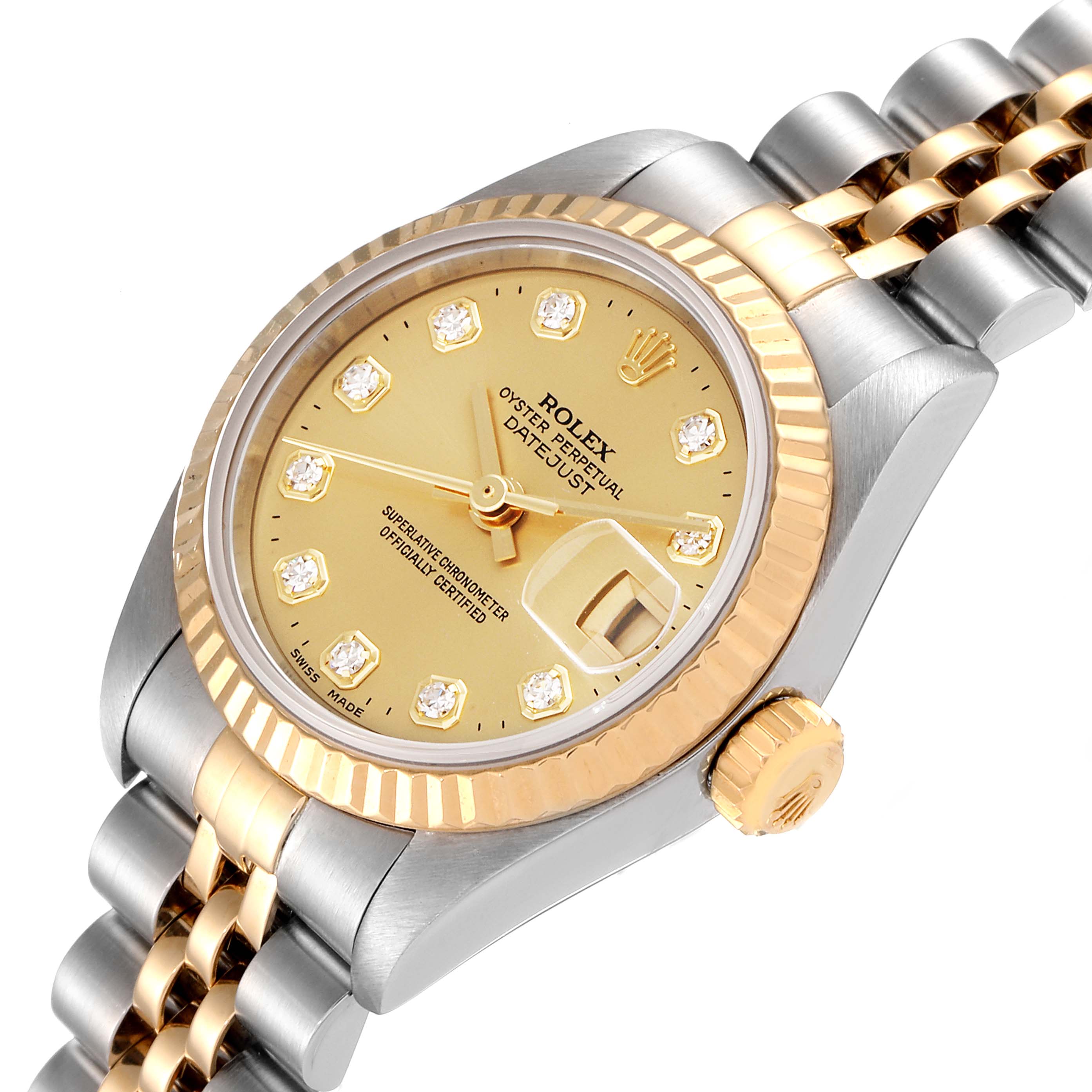 The image shows the face, bezel, and part of the bracelet of a Rolex Datejust 79173 Women's Steel and Gold (two tone) Champagne Dial 79173 Women's Steel and Gold (two tone) Champagne Dial watch from an angled top view.