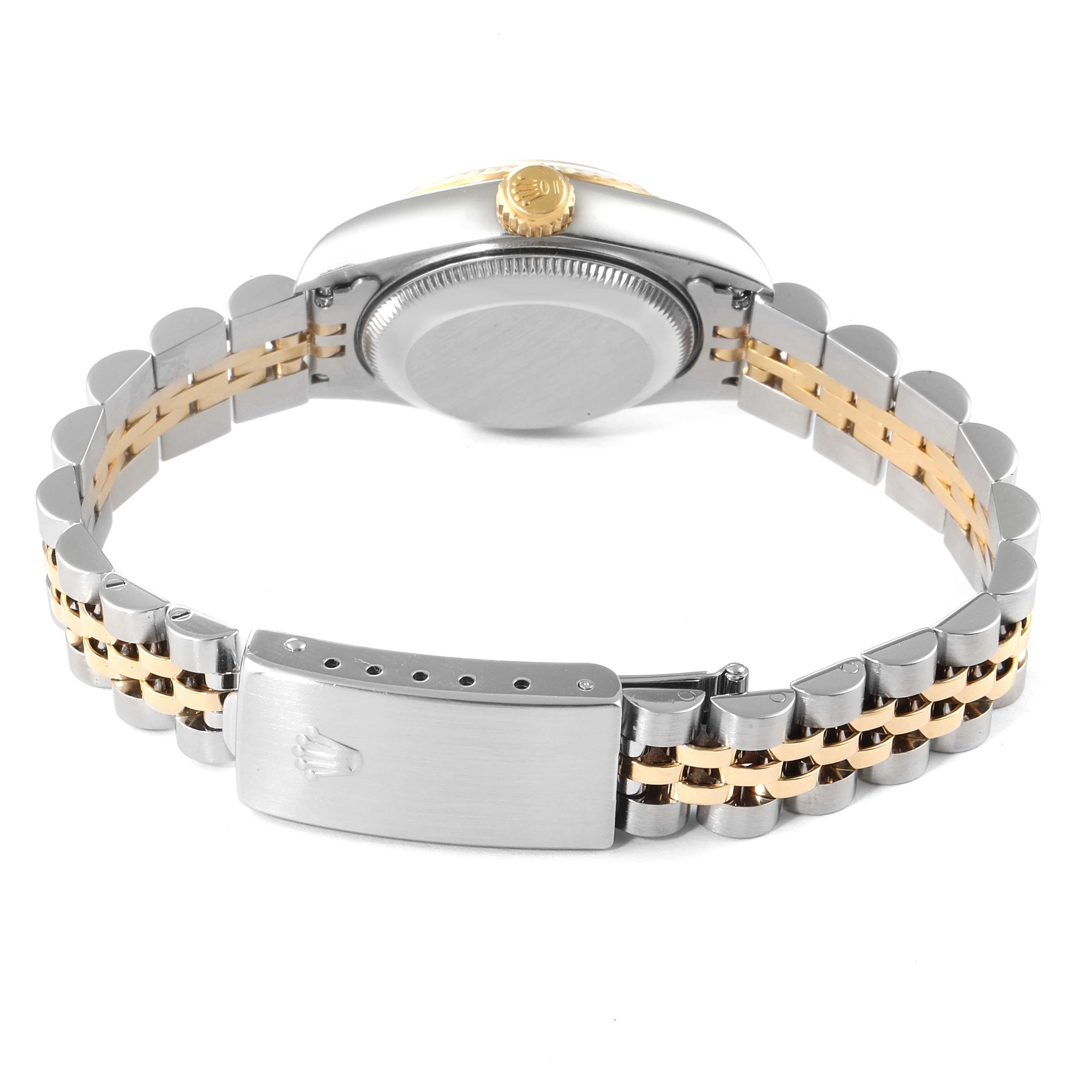 The image shows the back view of a Rolex Datejust 79173 Women's Steel and Gold (two tone) Champagne Dial 79173 Women's Steel and Gold (two tone) Champagne Dial watch, featuring the case, crown, and two-tone bracelet with clasp.