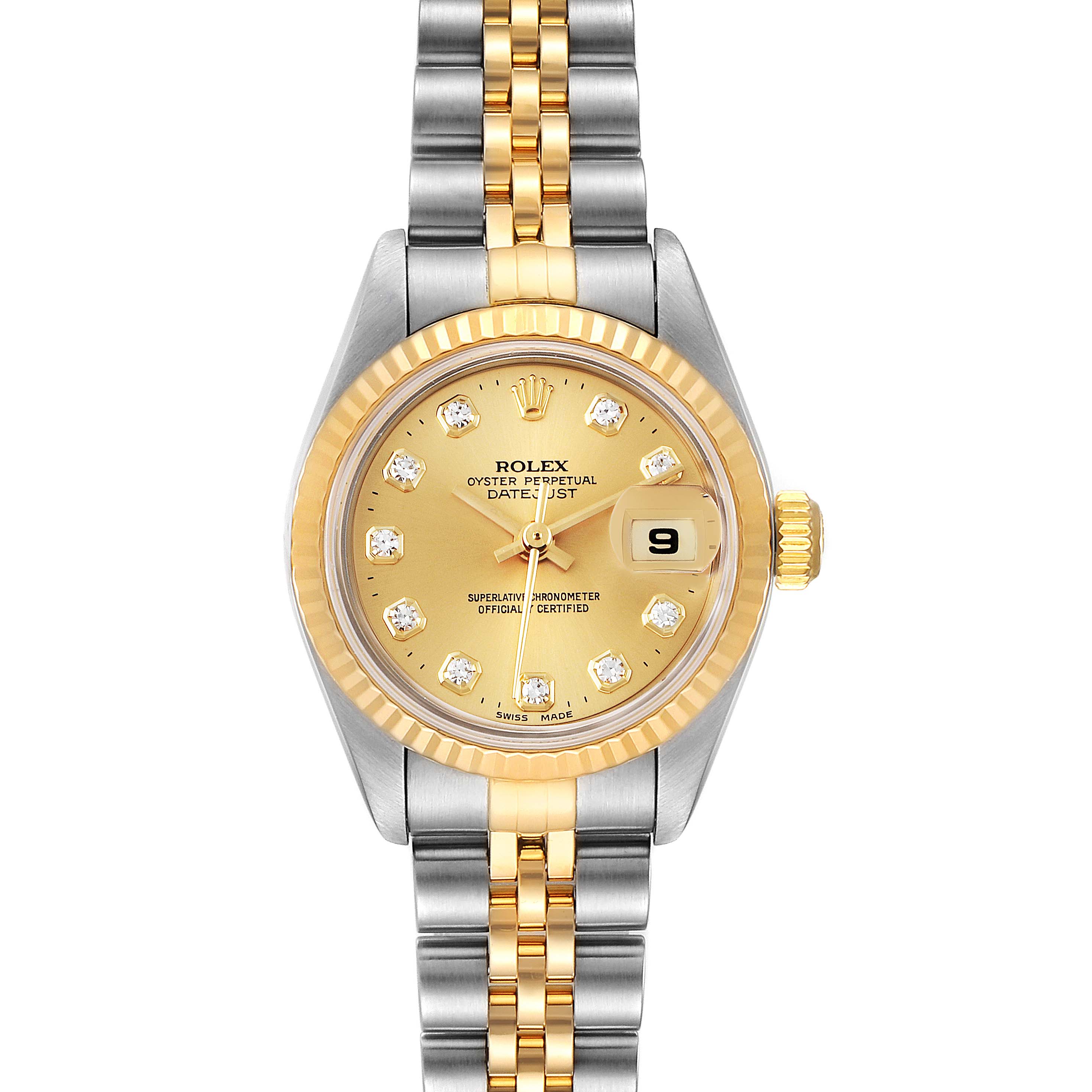 This Rolex Datejust 79173 Women's Steel and Gold (two tone) Champagne Dial 79173 Women's Steel and Gold (two tone) Champagne Dial model is shown from a top-down angle, highlighting the dial, bezel, and two-tone bracelet.