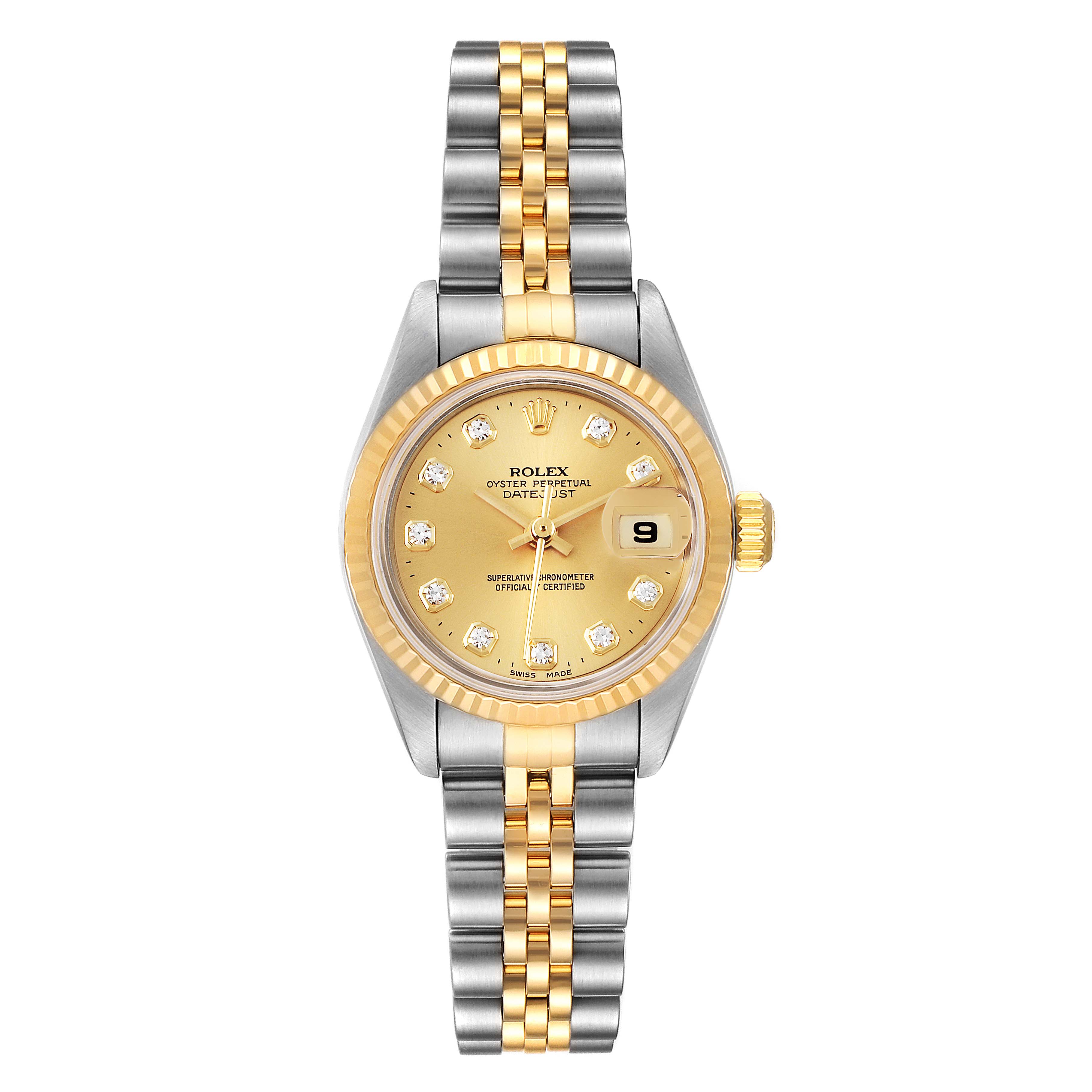 The Rolex Datejust 79173 Women's Steel and Gold (two tone) Champagne Dial 79173 Women's Steel and Gold (two tone) Champagne Dial watch is shown from the front, displaying the face, bezel, crown, and two-tone bracelet.