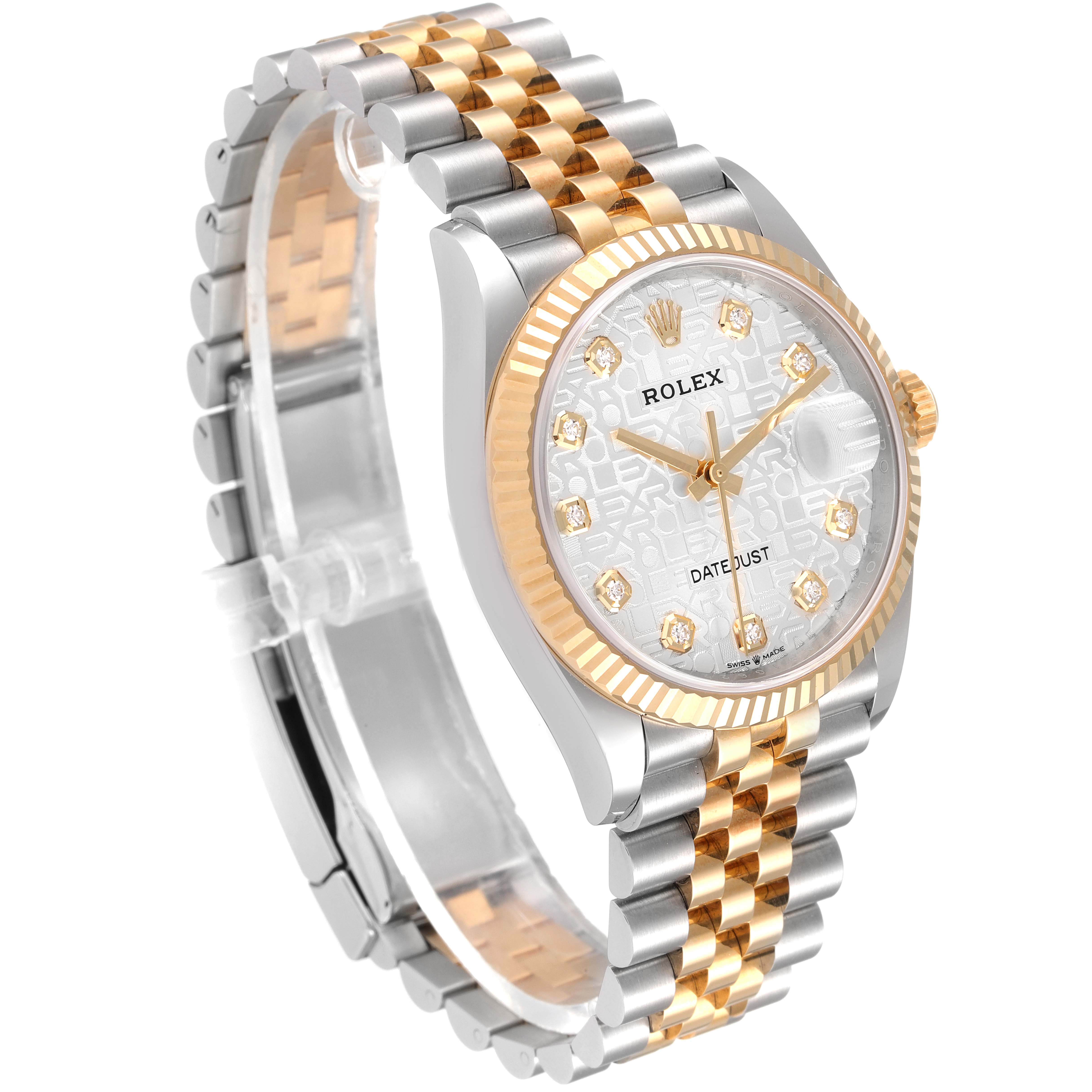 The image shows a Rolex Datejust 126233 Men's Steel and Gold (two tone) Silver Dial 126233 Men's Steel and Gold (two tone) Silver Dial watch at an angled view, highlighting its two-tone bracelet and detailed face with diamond markers.