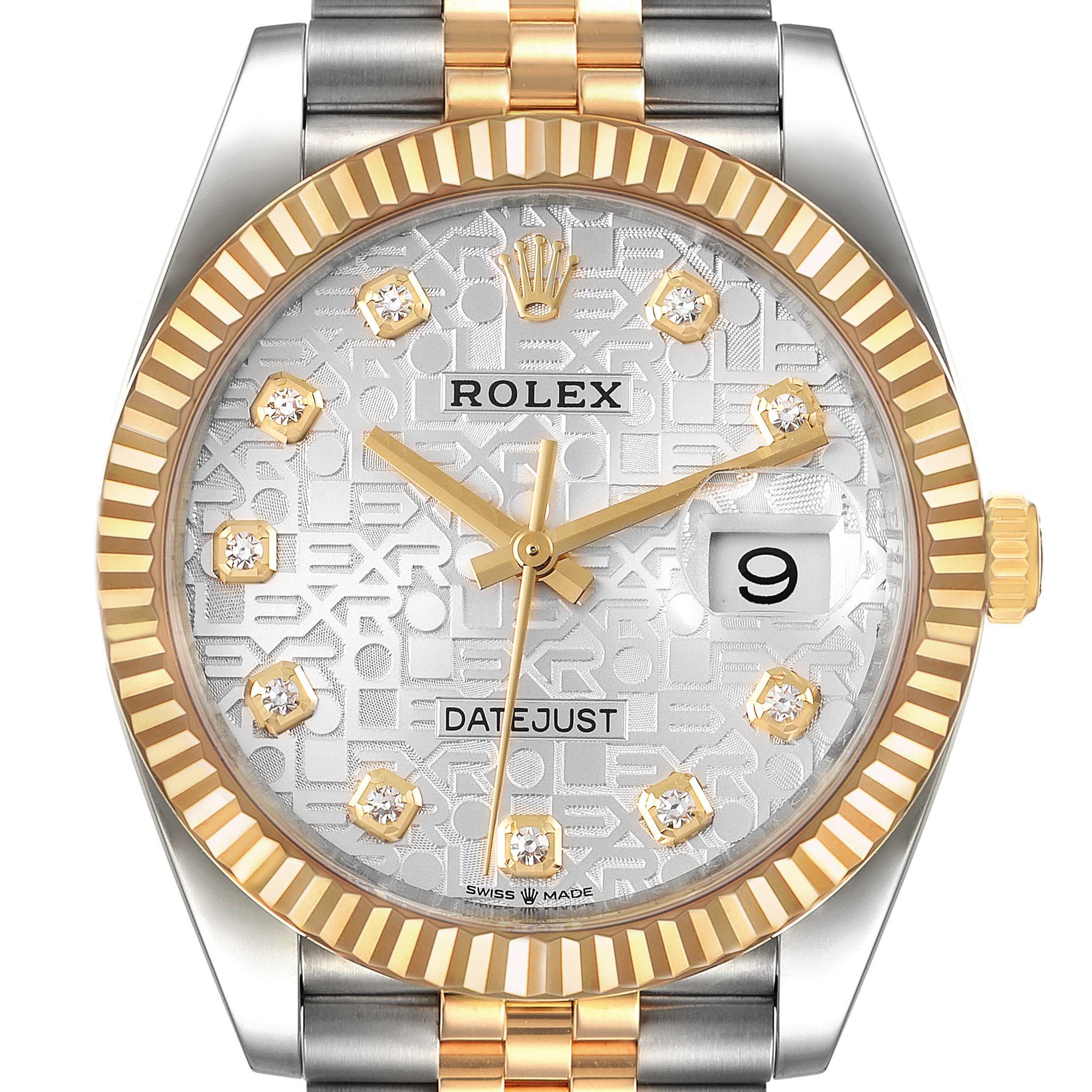 The image shows the front view of a Rolex Datejust 126233 Men's Steel and Gold (two tone) Silver Dial 126233 Men's Steel and Gold (two tone) Silver Dial watch, highlighting its dial, hands, bezel, crown, and part of the bracelet.