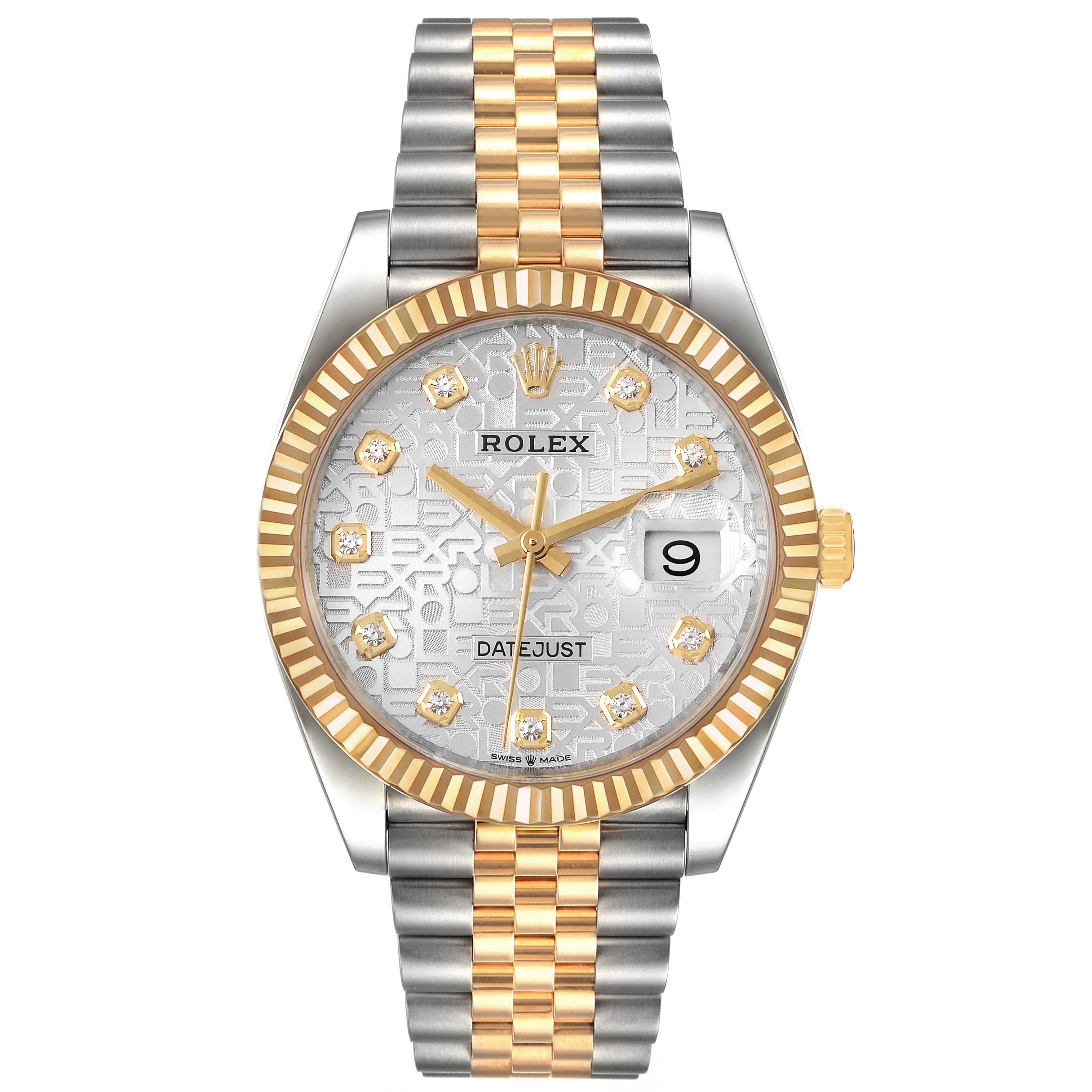 This image shows a frontal view of a Rolex Datejust 126233 Men's Steel and Gold (two tone) Silver Dial 126233 Men's Steel and Gold (two tone) Silver Dial watch, highlighting its dial, bezel, and two-tone bracelet.