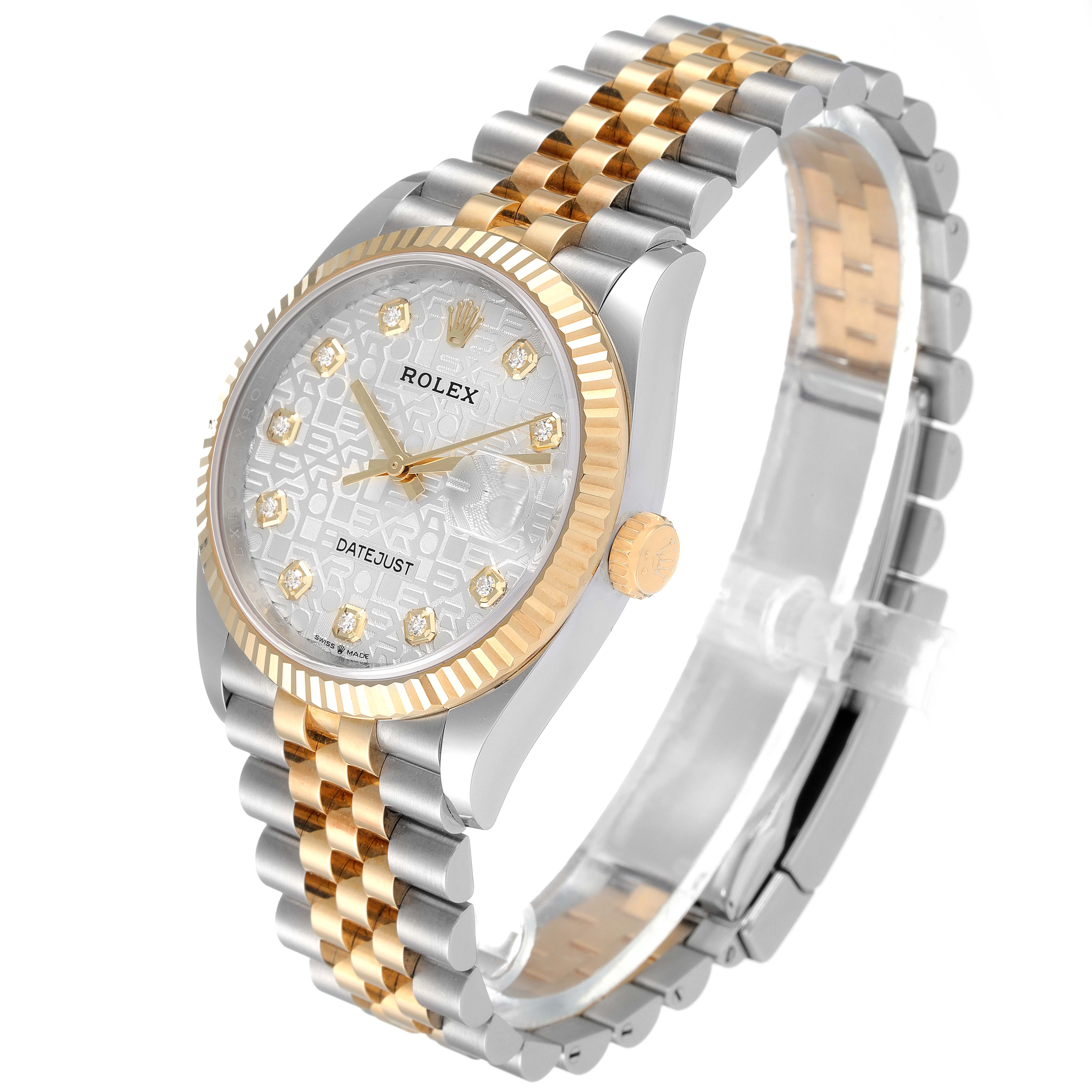 The Rolex Datejust 126233 Men's Steel and Gold (two tone) Silver Dial 126233 Men's Steel and Gold (two tone) Silver Dial watch is shown at an angle highlighting the face, bezel, crown, and two-tone Jubilee bracelet.