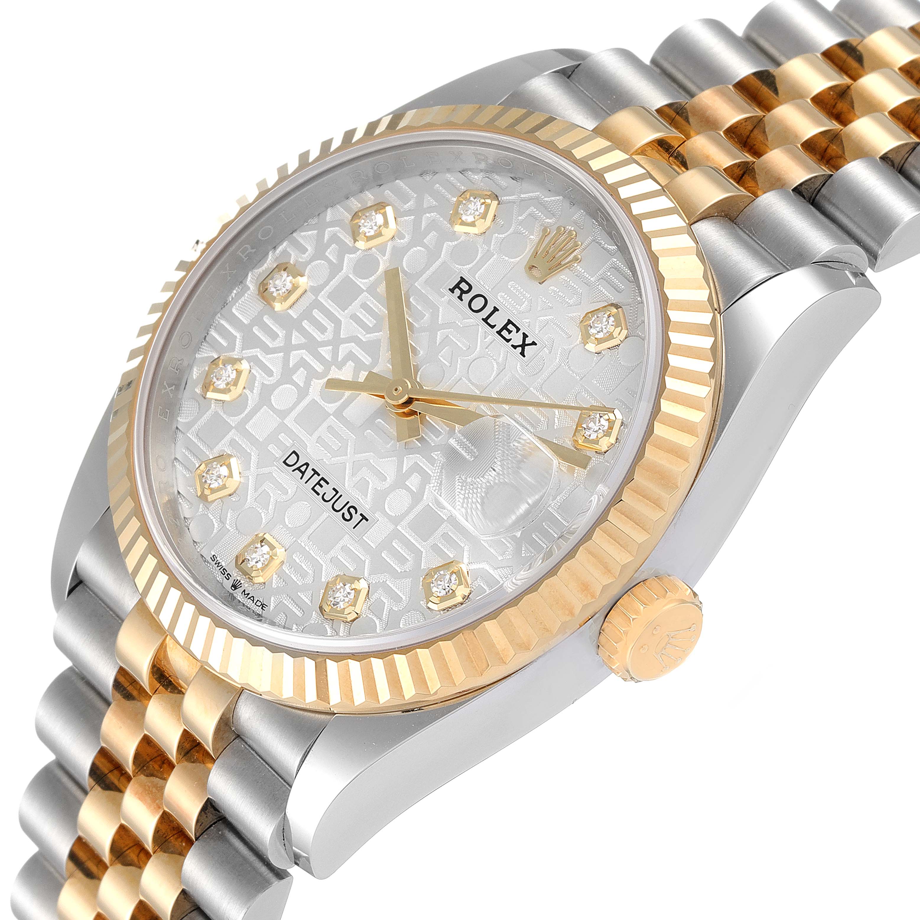 The image shows a close-up of the dial, bezel, crown, and part of the bracelet of a Rolex Datejust 126233 Men's Steel and Gold (two tone) Silver Dial 126233 Men's Steel and Gold (two tone) Silver Dial watch.