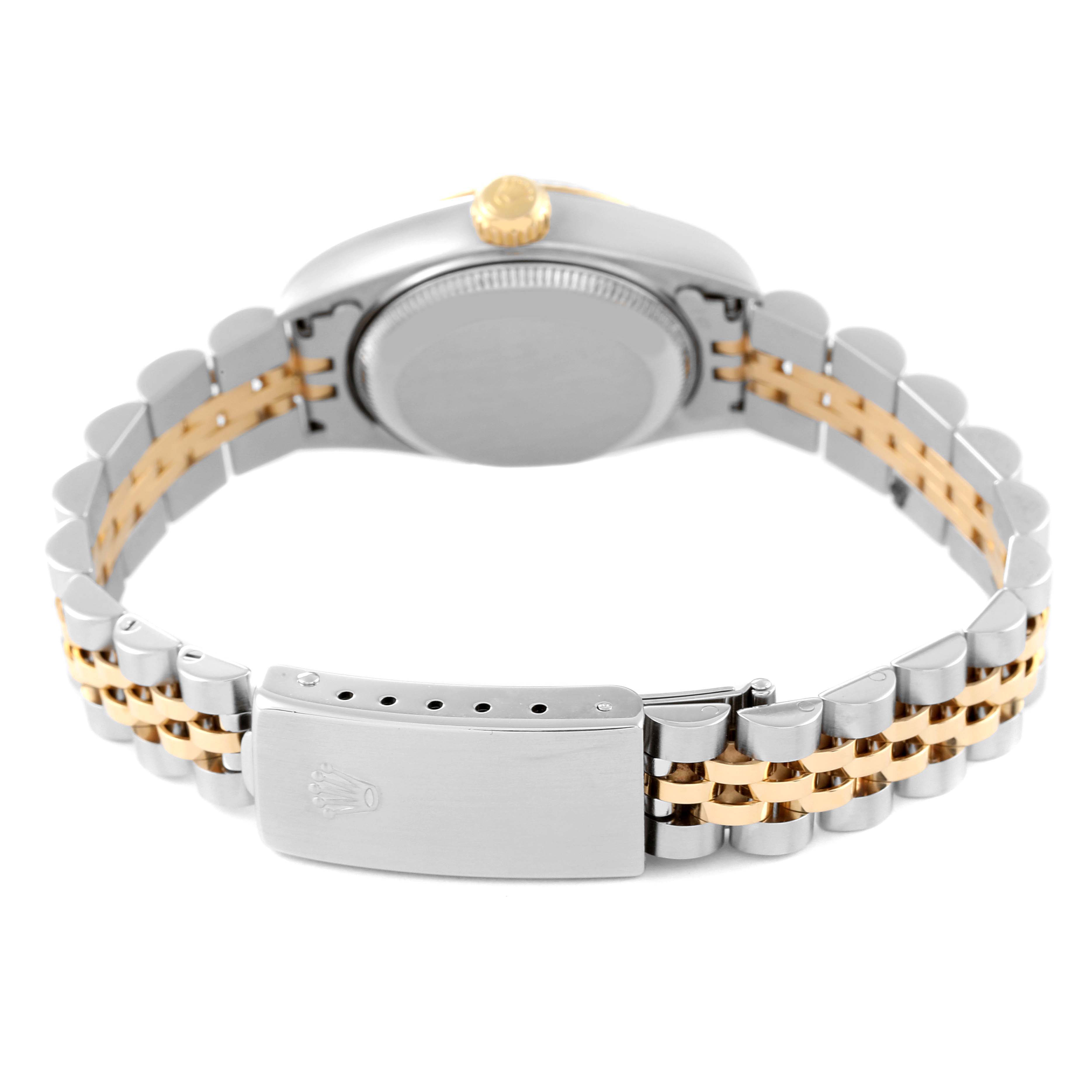 The image shows the back of the Rolex Datejust 69173 Women's Steel and Gold (two tone) Blue Dial 69173 Women's Steel and Gold (two tone) Blue Dial watch, focusing on the bracelet and closed clasp.