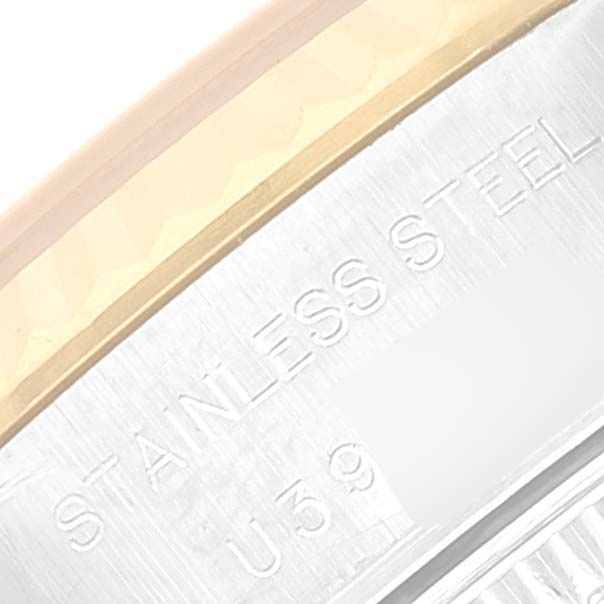 The image shows a close-up angle of the stainless steel case and gold bezel of a Rolex Datejust 69173 Women's Steel and Gold (two tone) Blue Dial 69173 Women's Steel and Gold (two tone) Blue Dial watch.