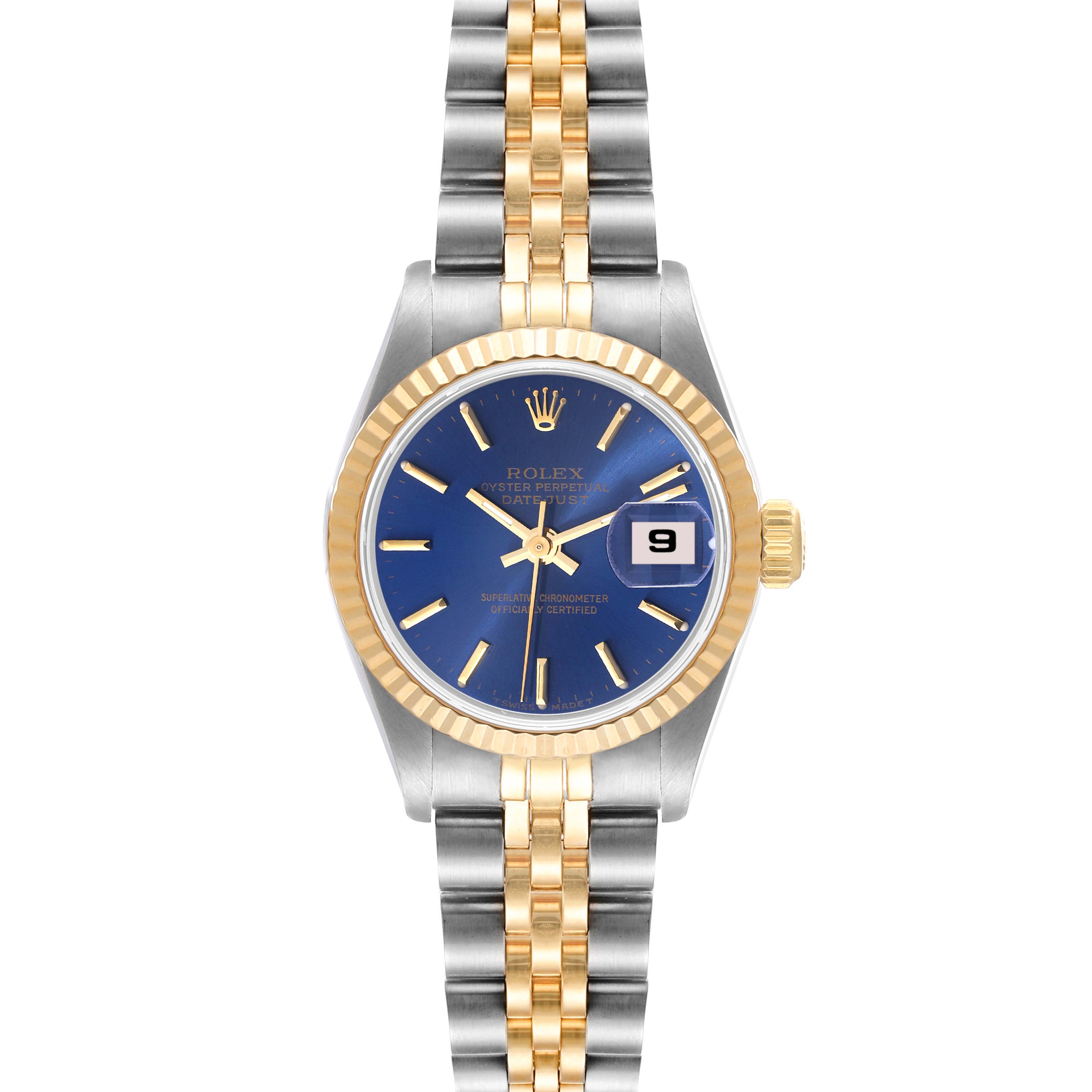 The Rolex Datejust 69173 Women's Steel and Gold (two tone) Blue Dial 69173 Women's Steel and Gold (two tone) Blue Dial watch is shown from a top-down angle, displaying its blue dial, bezel, and two-tone metal bracelet.