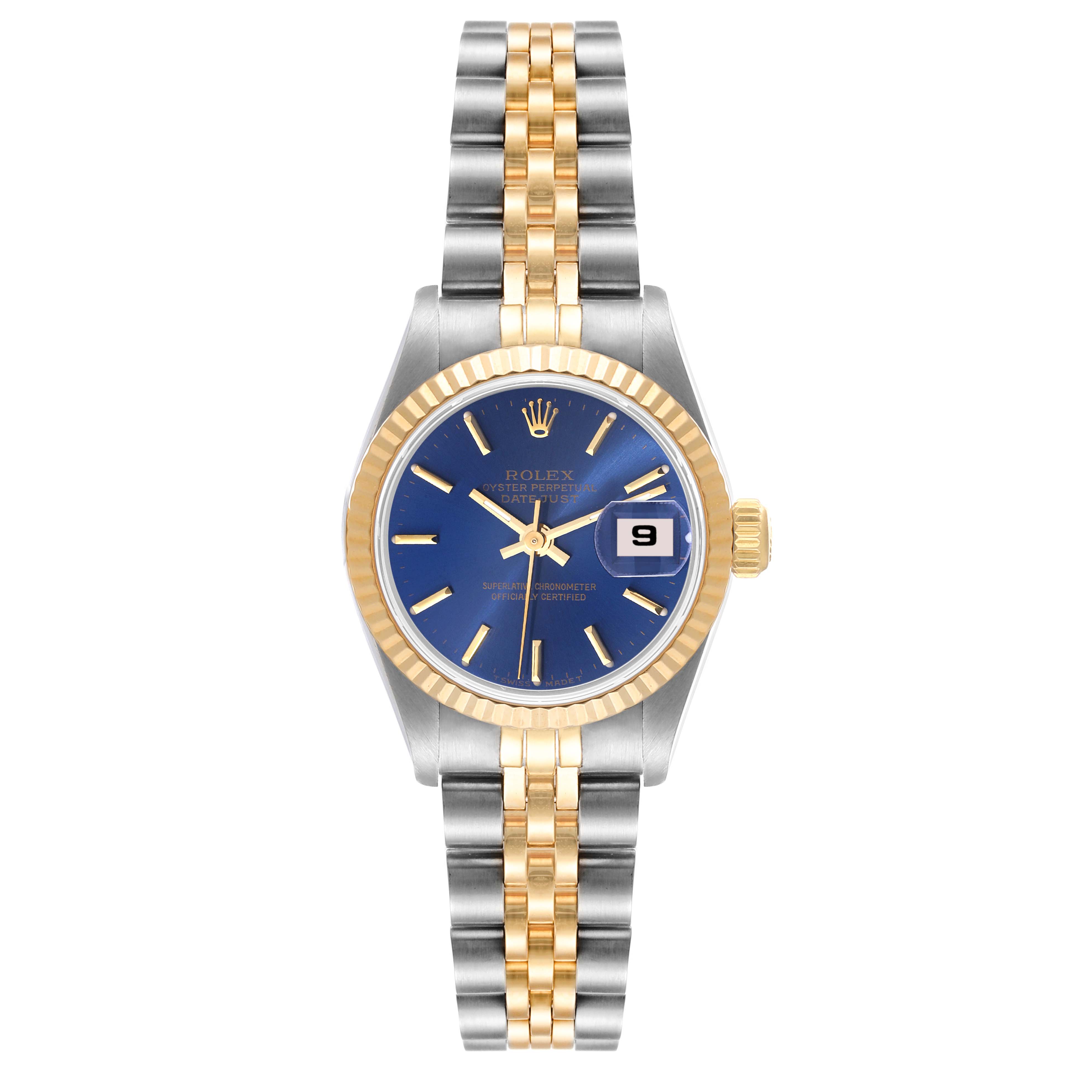 The Rolex Datejust 69173 Women's Steel and Gold (two tone) Blue Dial 69173 Women's Steel and Gold (two tone) Blue Dial watch is shown from a front angle, displaying its blue dial, fluted bezel, and two-tone jubilee bracelet.