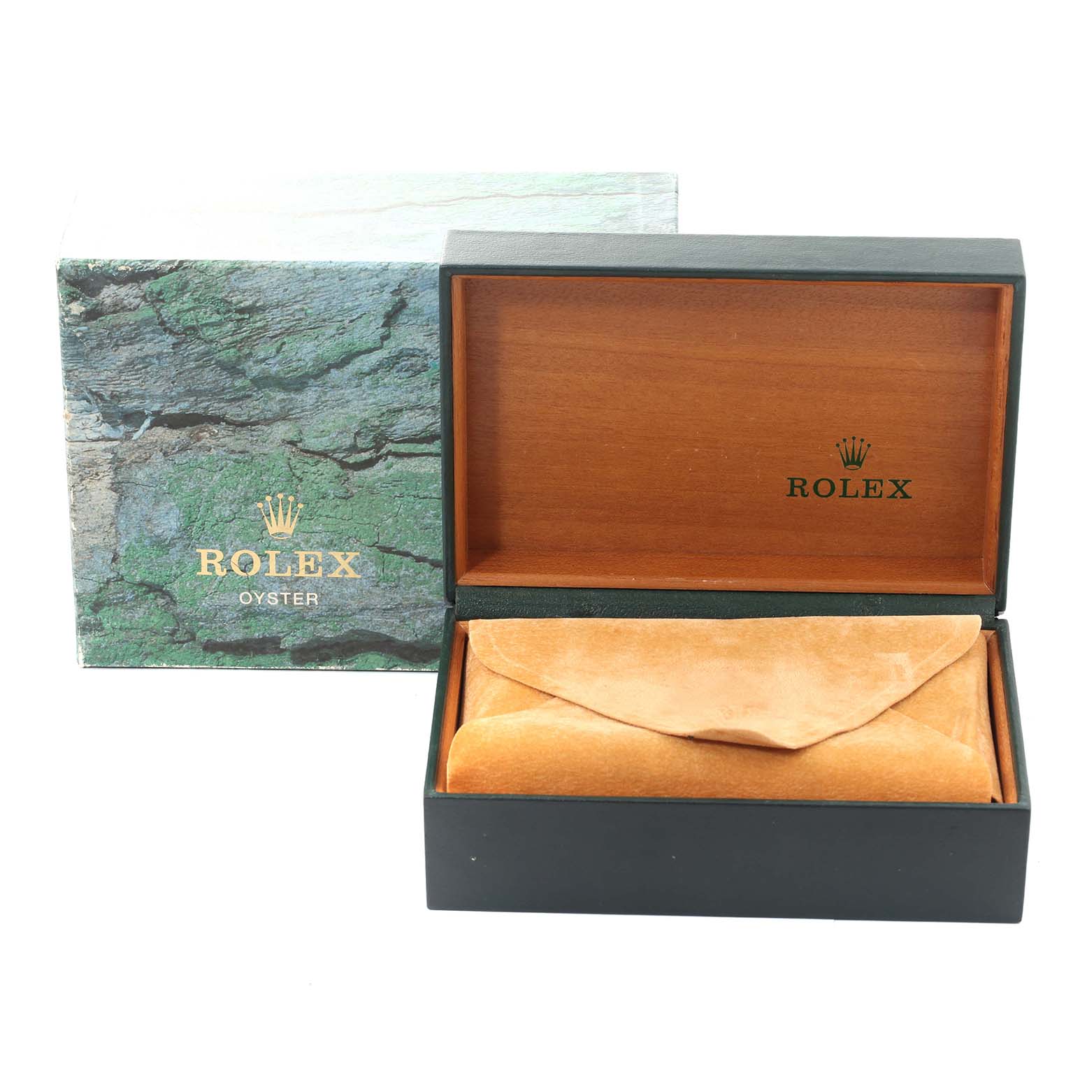 The image shows the outer case and open inner box for a Rolex Datejust 16233 Men's Steel and Gold (two tone) Mother of Pearl Dial 16233 Men's Steel and Gold (two tone) Mother of Pearl Dial watch, with the inner box featuring a cushion inside.