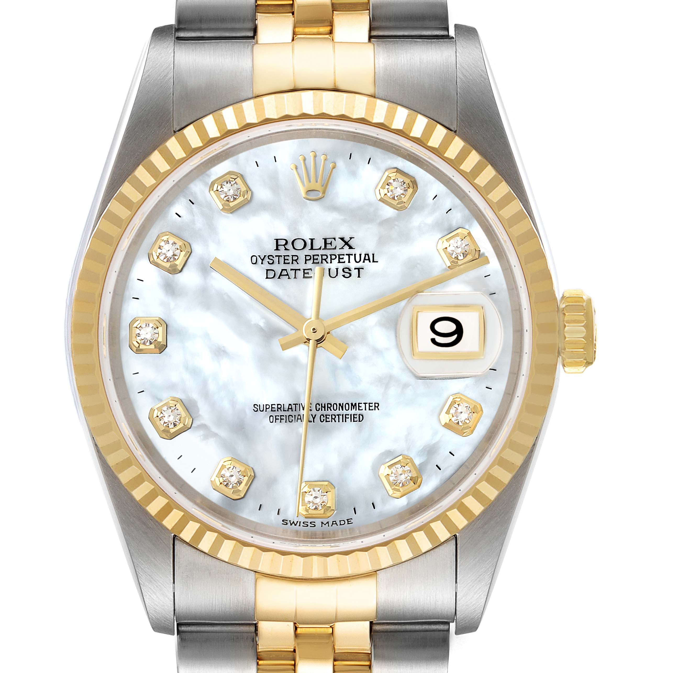 This is a front view of the Rolex Datejust 16233 Men's Steel and Gold (two tone) Mother of Pearl Dial 16233 Men's Steel and Gold (two tone) Mother of Pearl Dial, showing the dial, fluted bezel, bracelet, and date window.